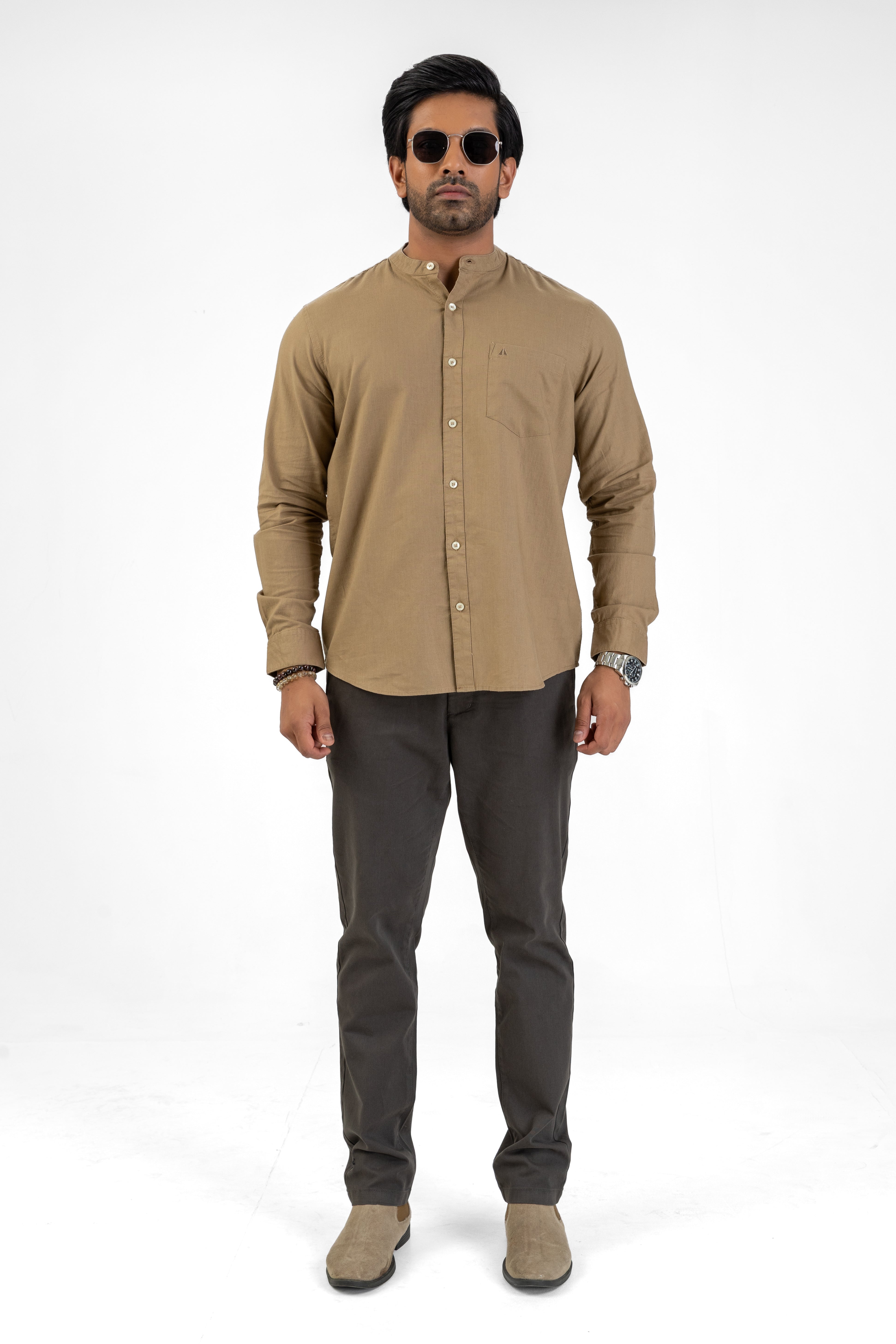 Slub Linen Cotton Chinese Collar Shirt – Light Brown