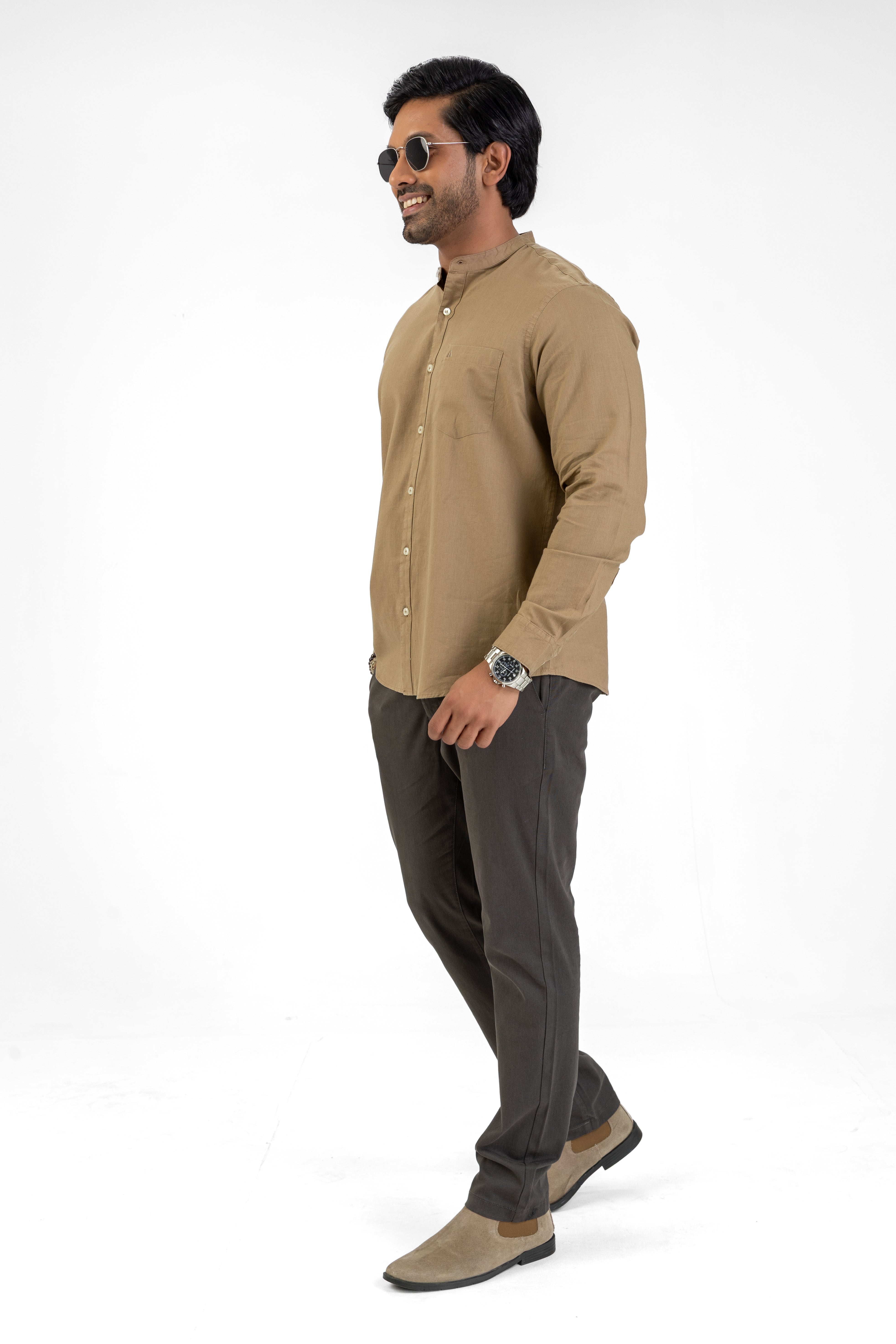 Slub Linen Cotton Chinese Collar Shirt – Light Brown