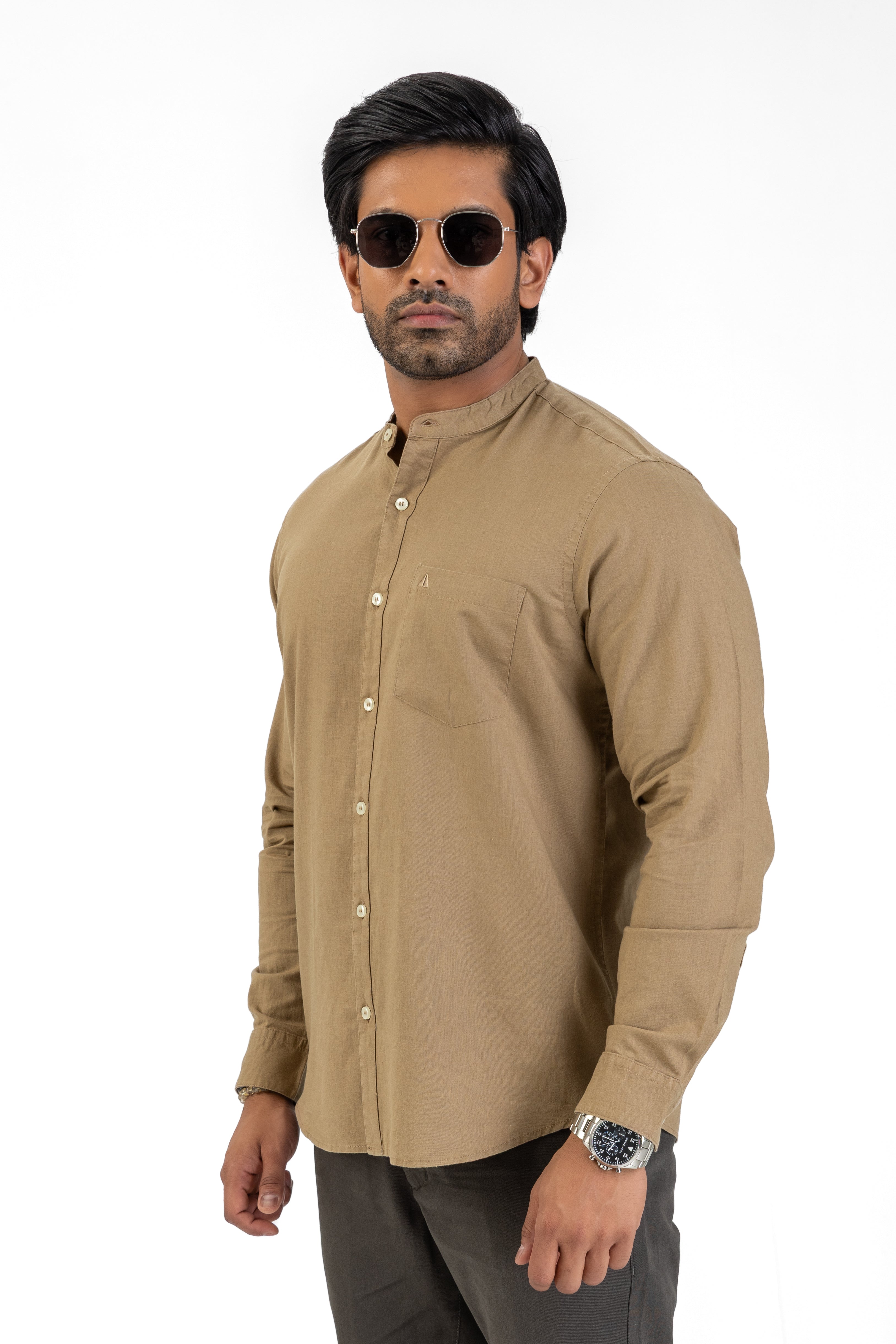 Slub Linen Cotton Chinese Collar Shirt – Light Brown