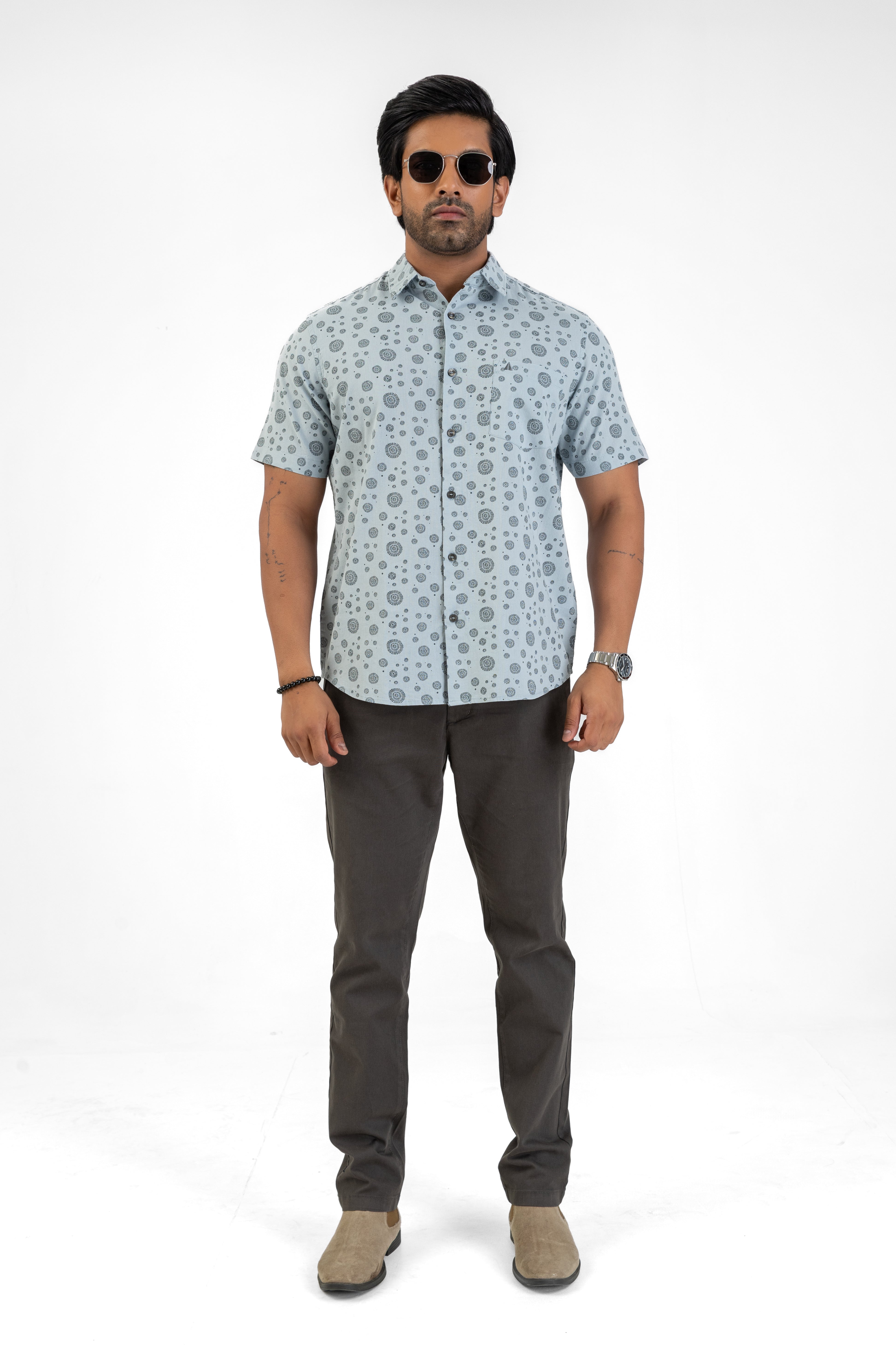 Linen Cotton Printed Short Sleeve Shirt – Sky Blue