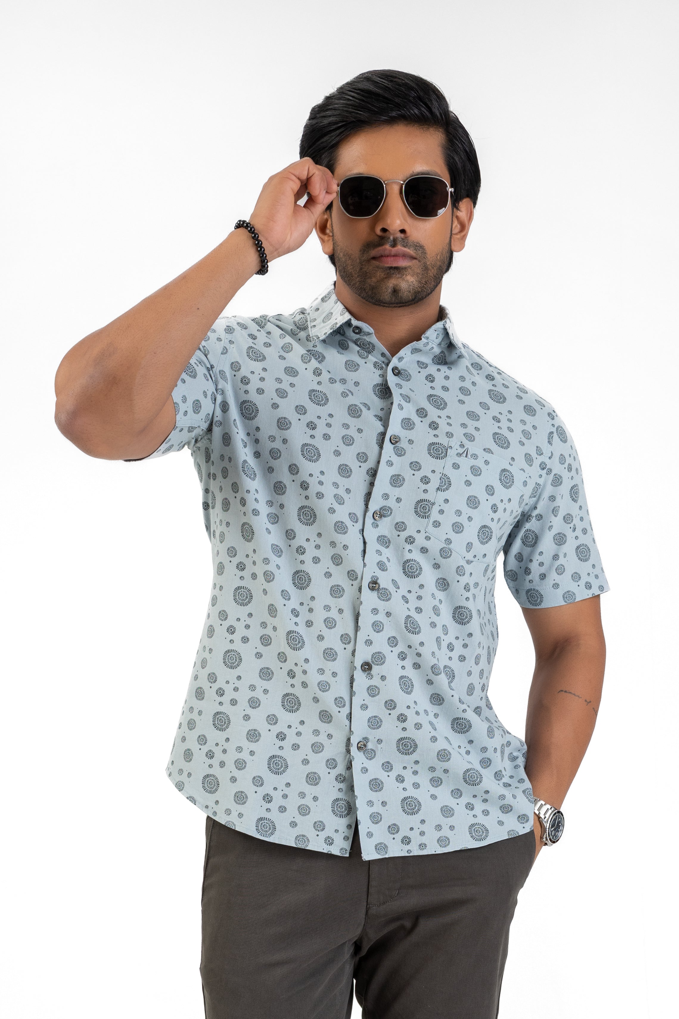 Linen Cotton Printed Short Sleeve Shirt – Sky Blue