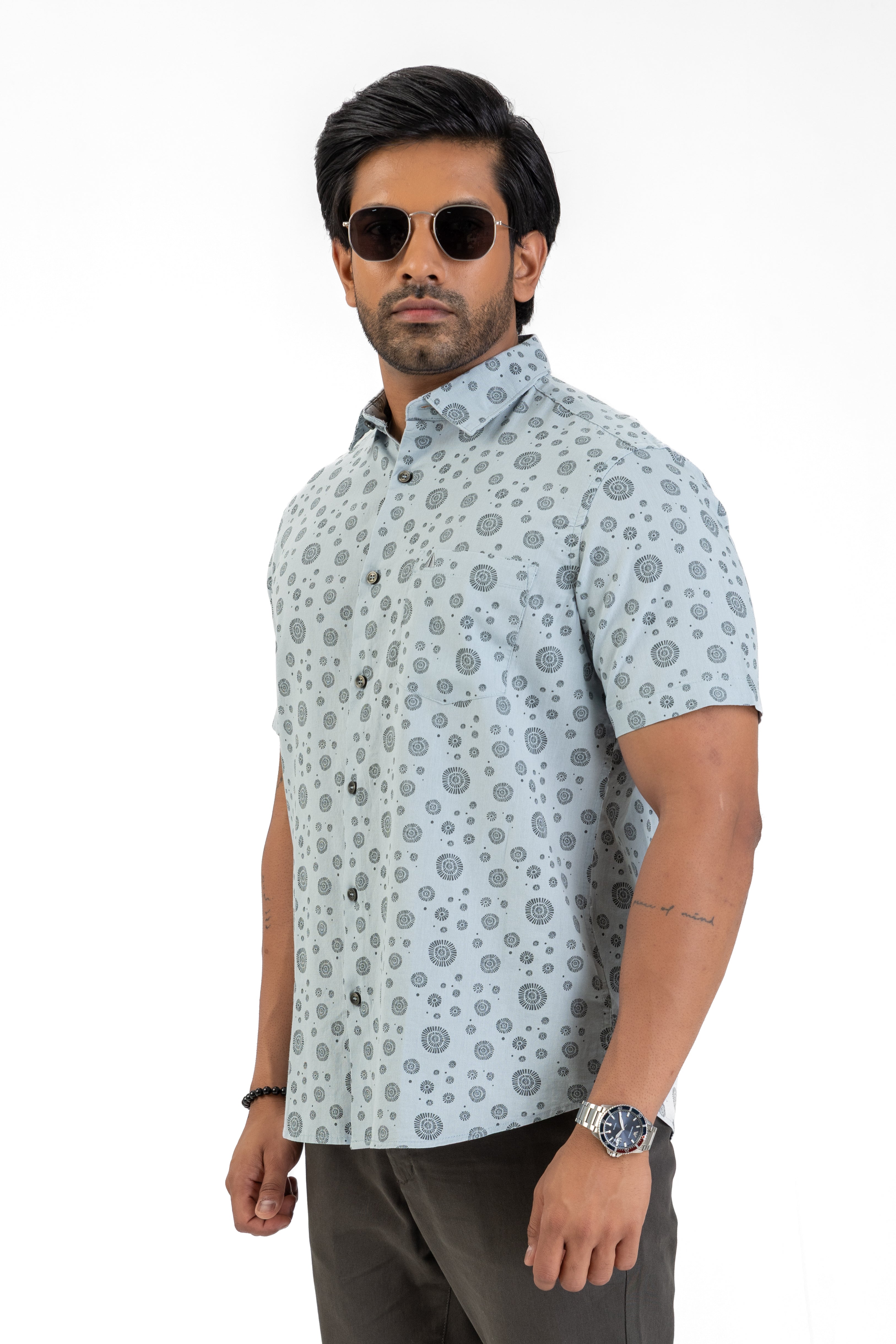 Linen Cotton Printed Short Sleeve Shirt – Sky Blue