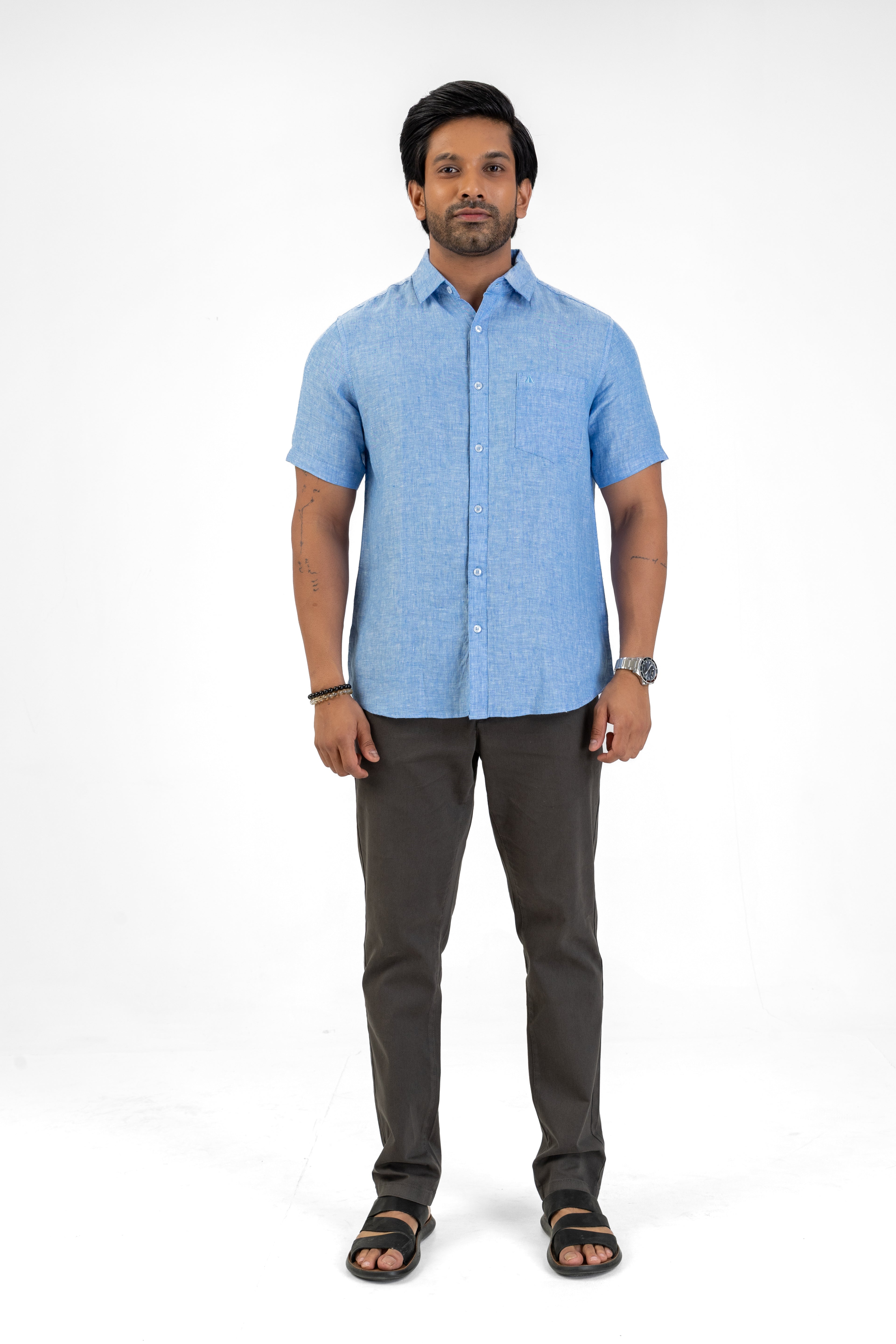 100% Linen Short Sleeve Shirt – Light Blue