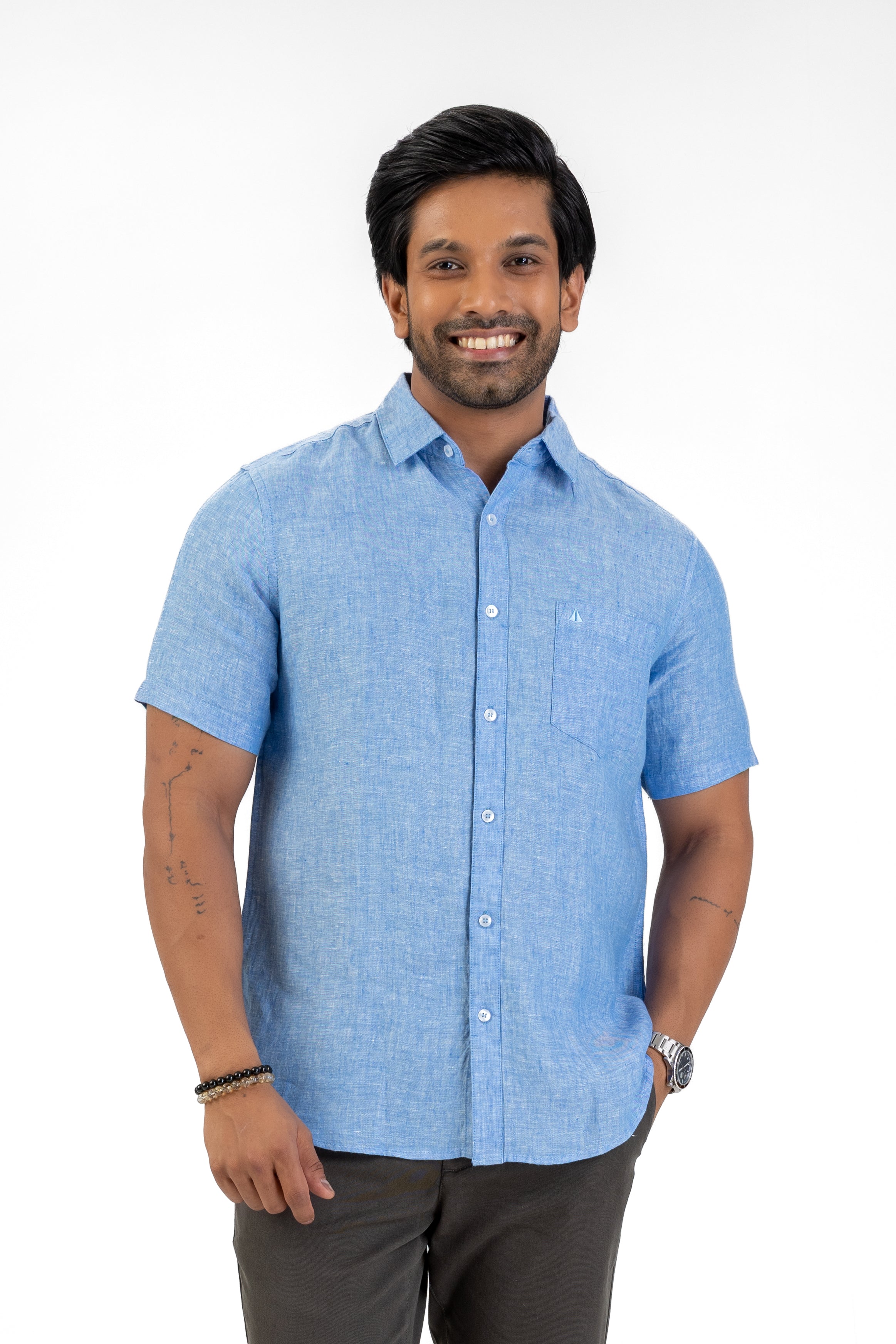 100% Linen Short Sleeve Shirt – Light Blue