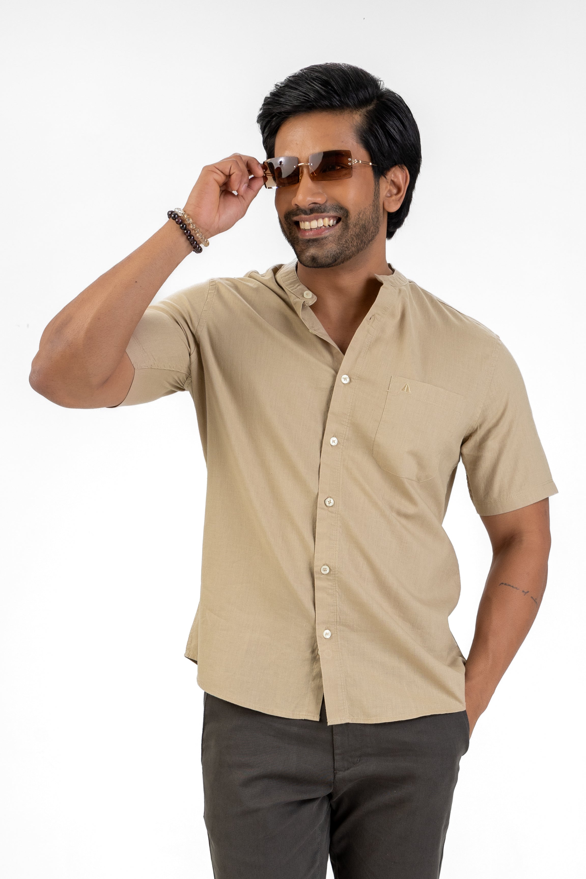Chinese Collar Short Sleeve Shirt – Camel