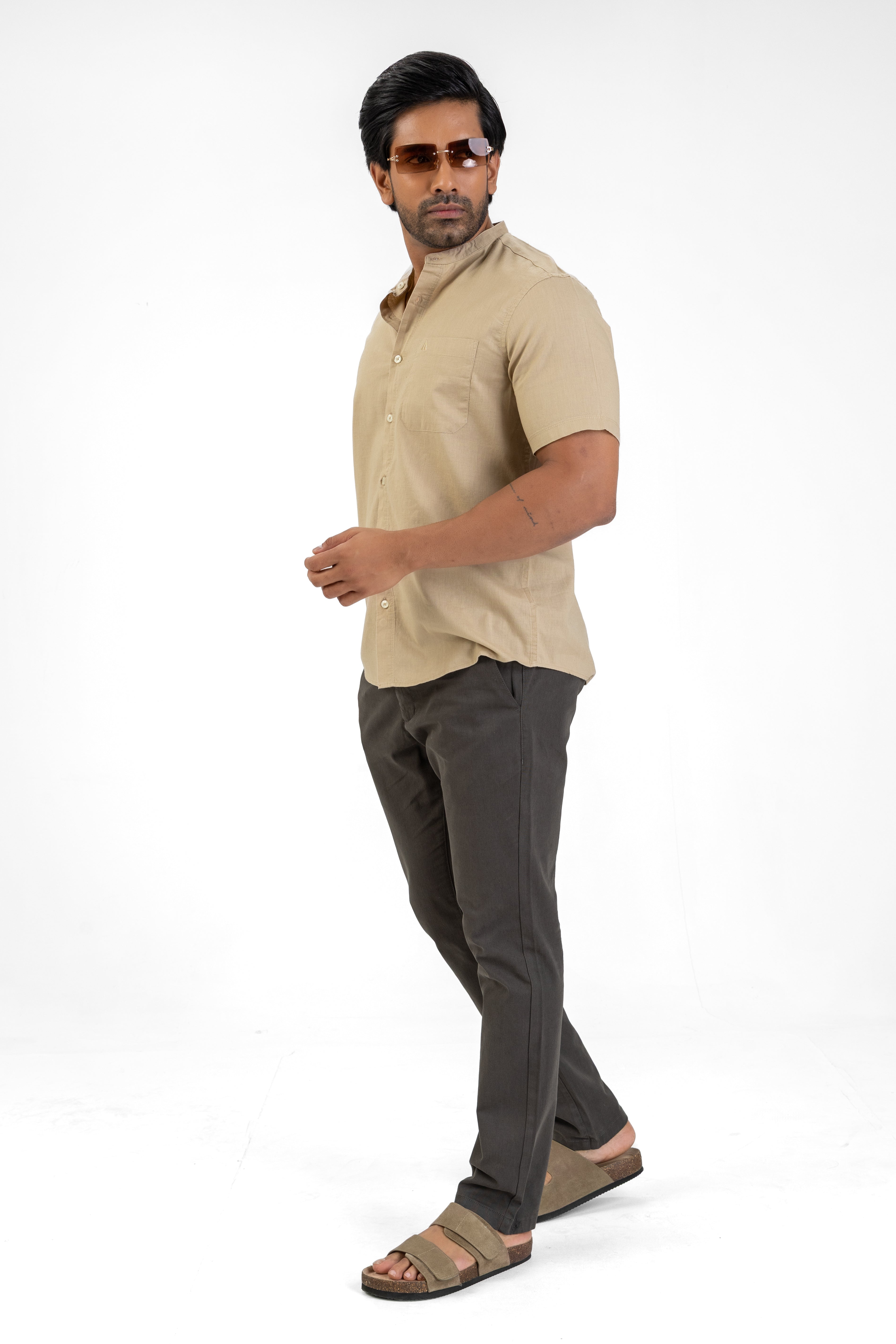 Chinese Collar Short Sleeve Shirt – Camel