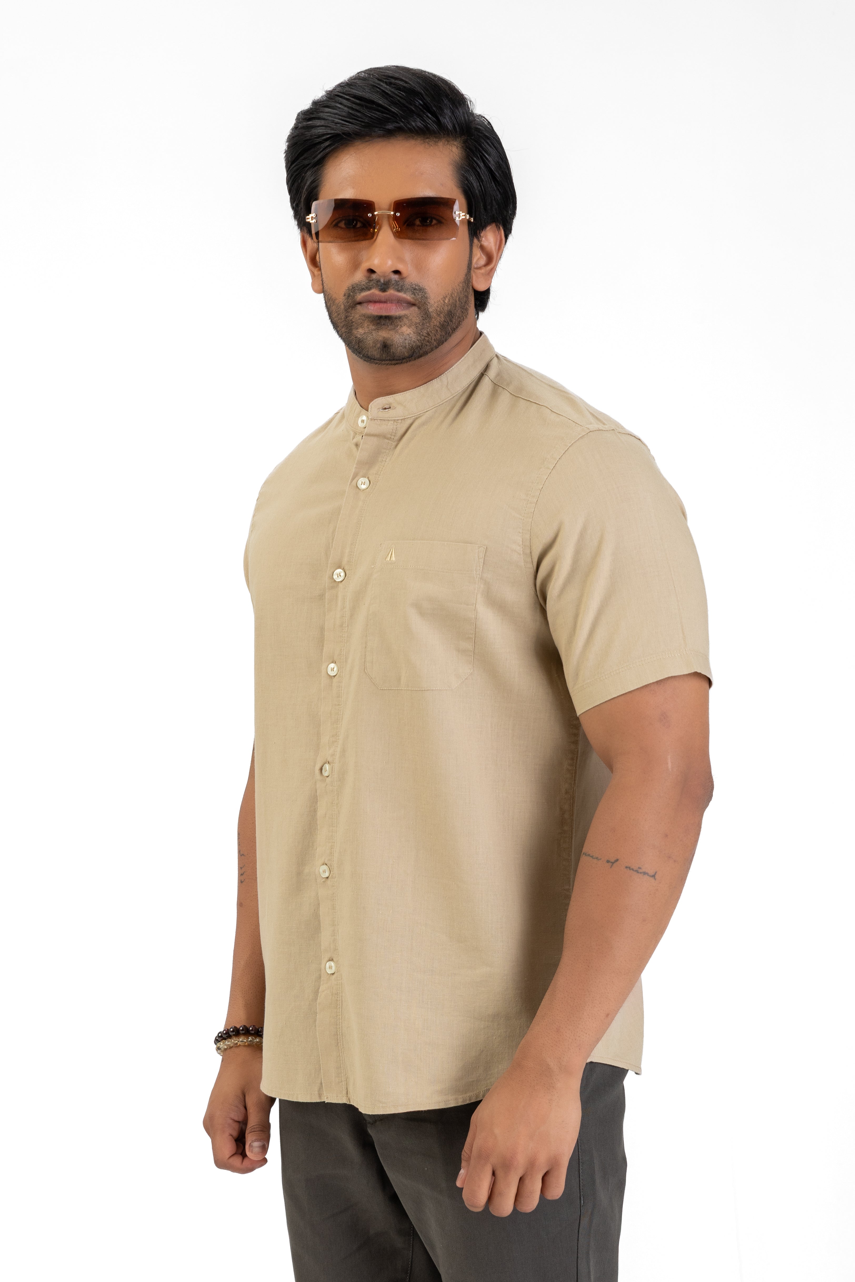 Chinese Collar Short Sleeve Shirt – Camel