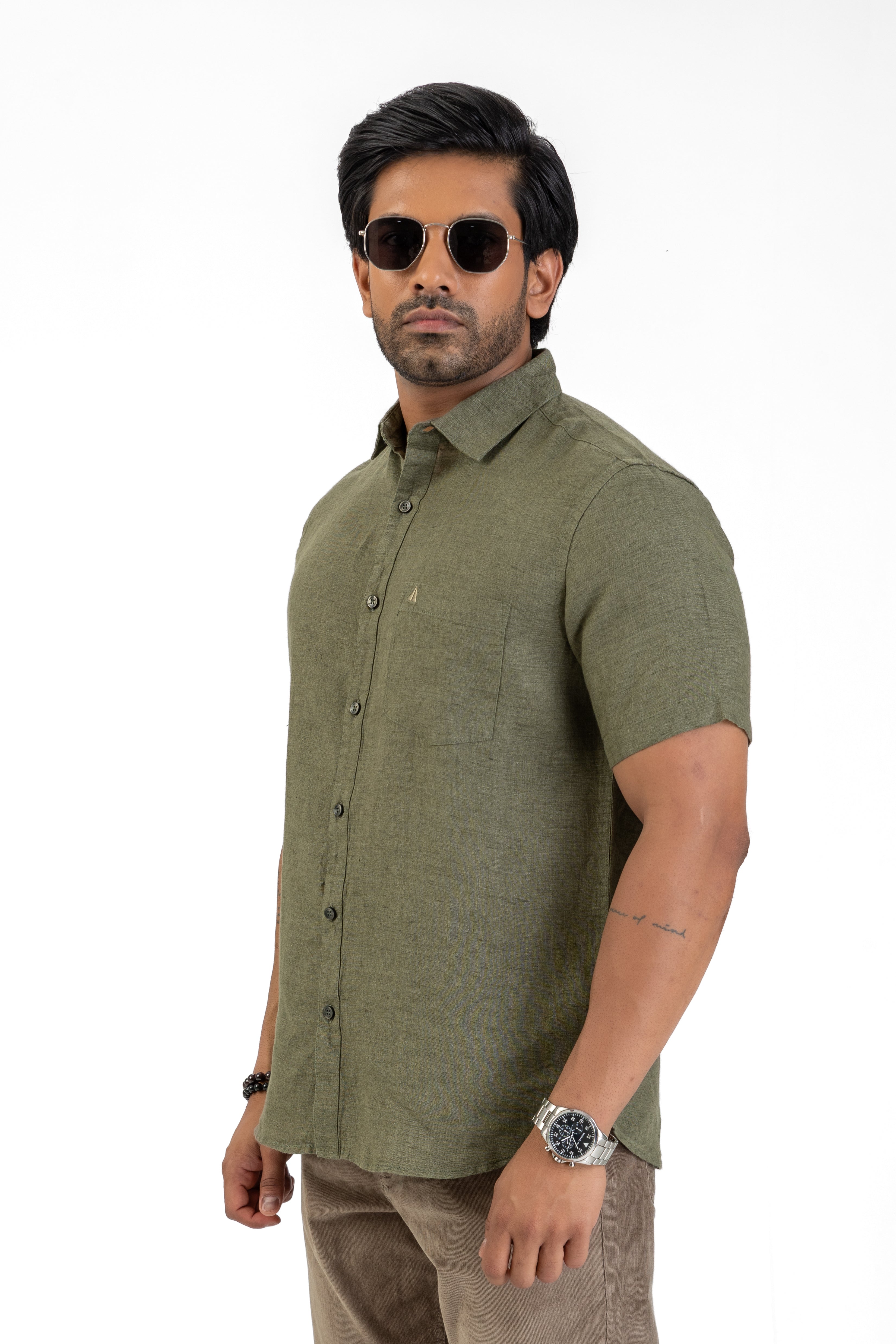 100% Linen Short Sleeve Shirt – Olive