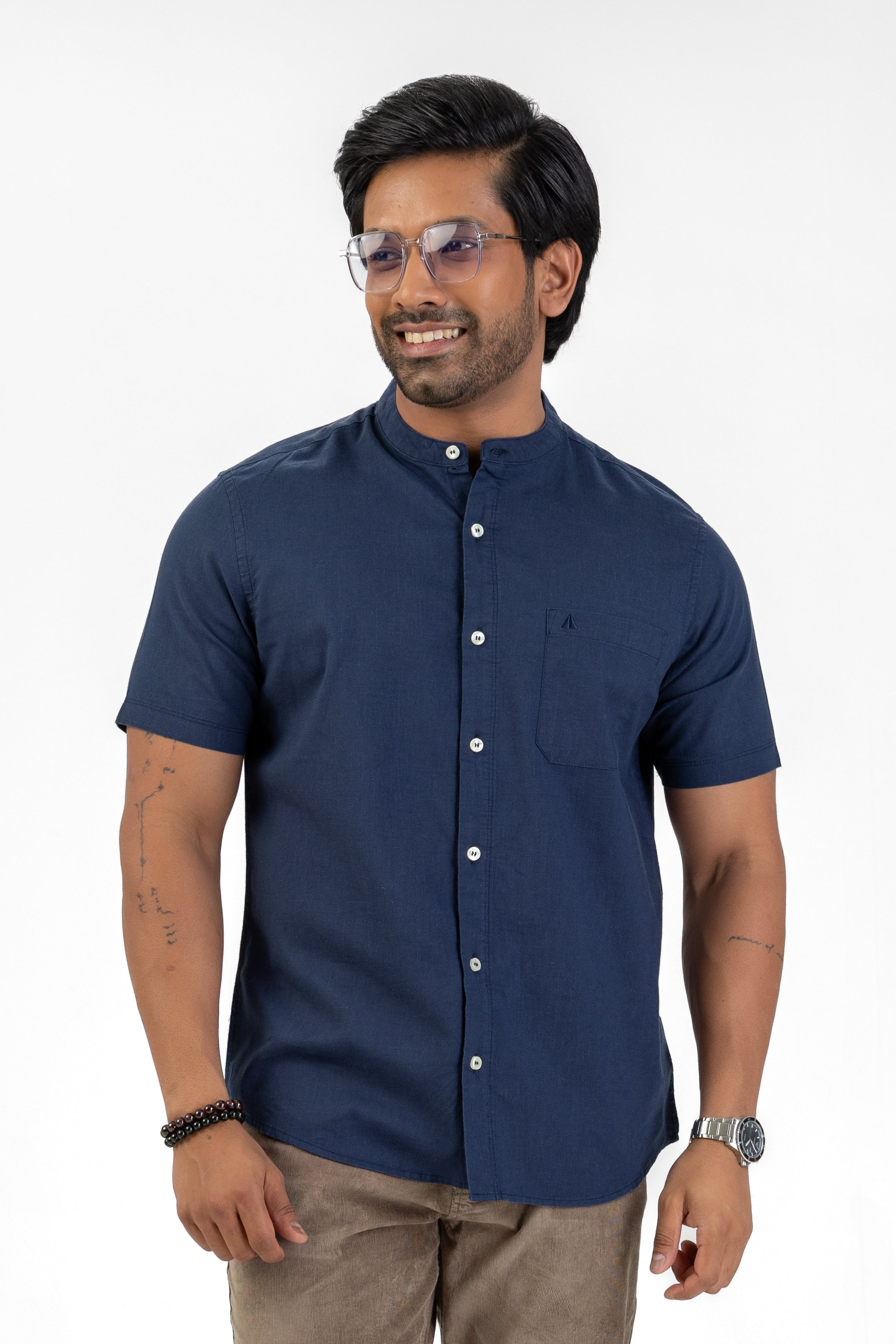 Chinese Collar Short Sleeve Shirt – Navy