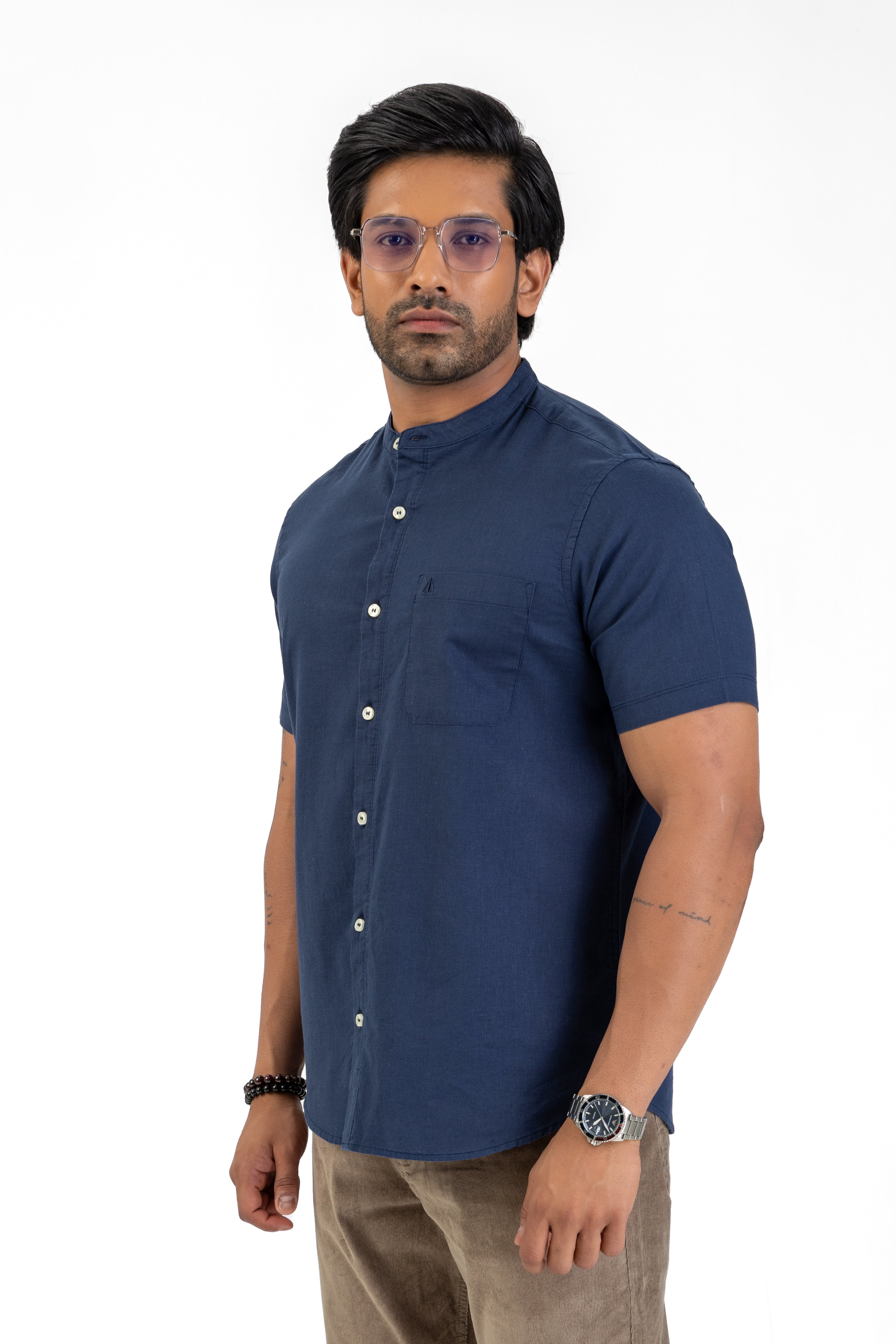 Chinese Collar Short Sleeve Shirt – Navy