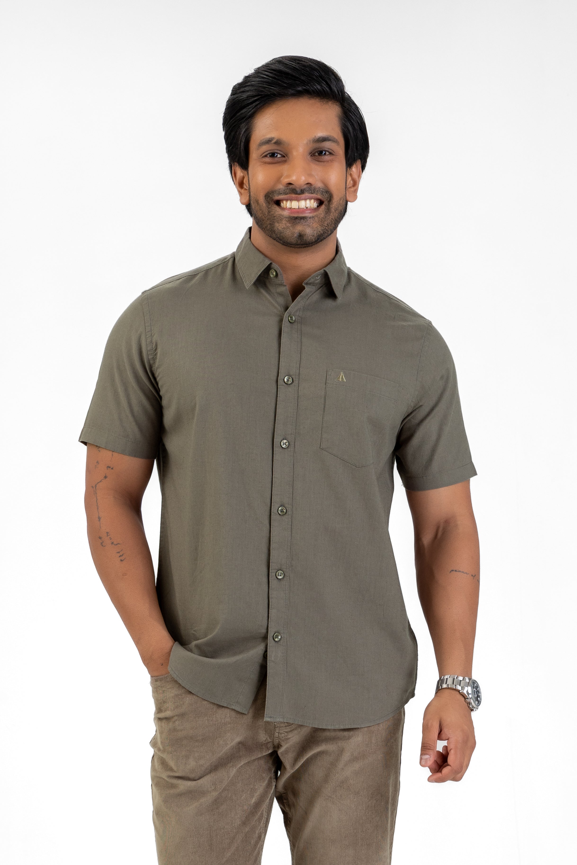 Short Sleeve Linen Cotton Shirt – Dark Green