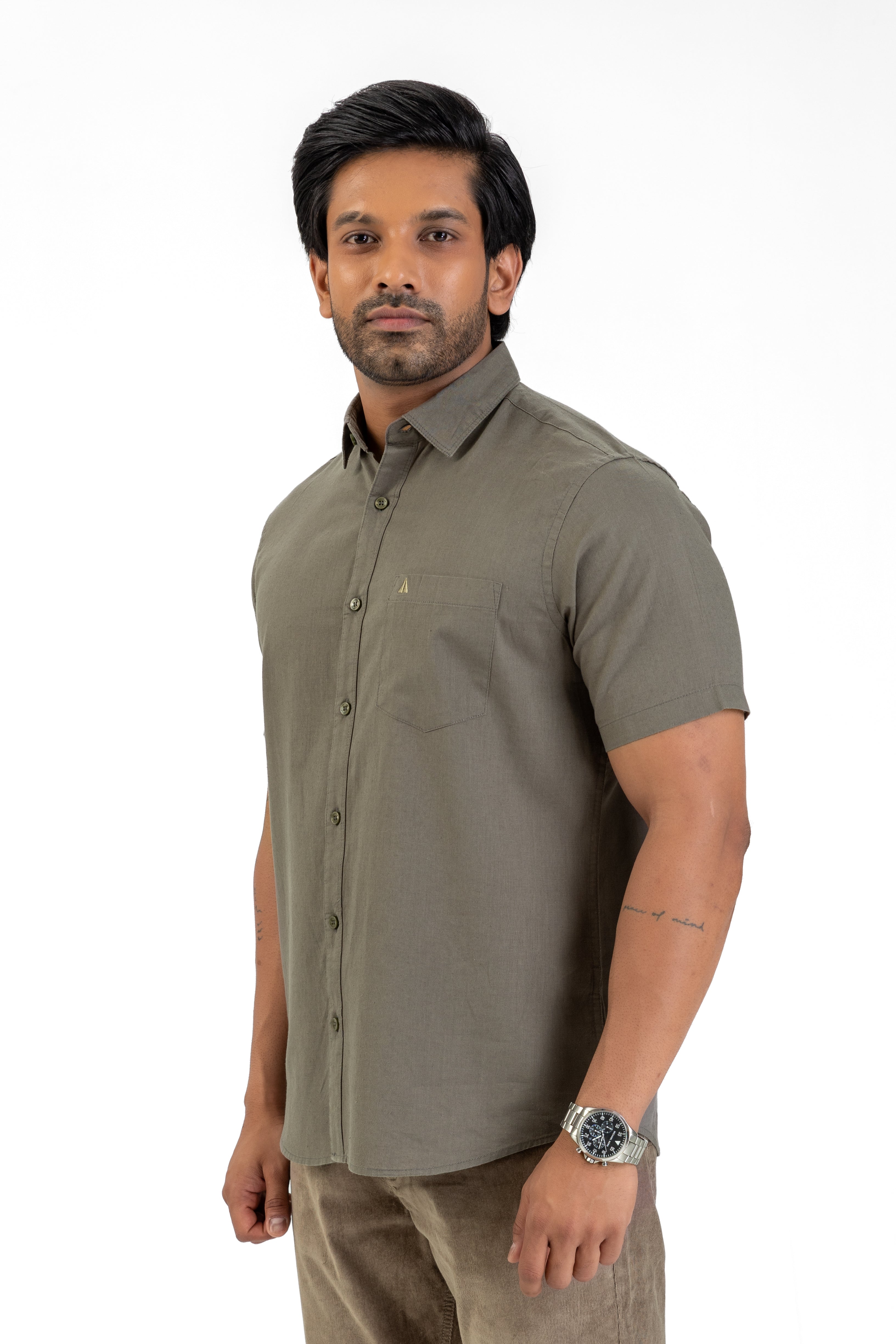 Short Sleeve Linen Cotton Shirt – Dark Green