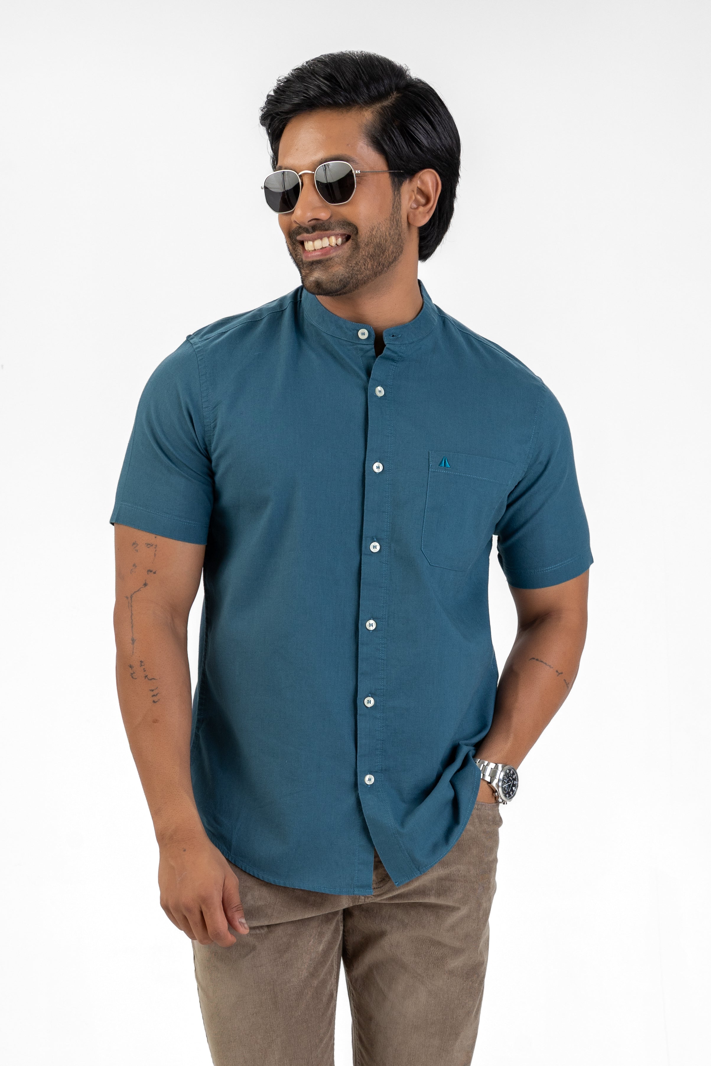 Chinese Collar Short Sleeve Shirt – Royal Blue