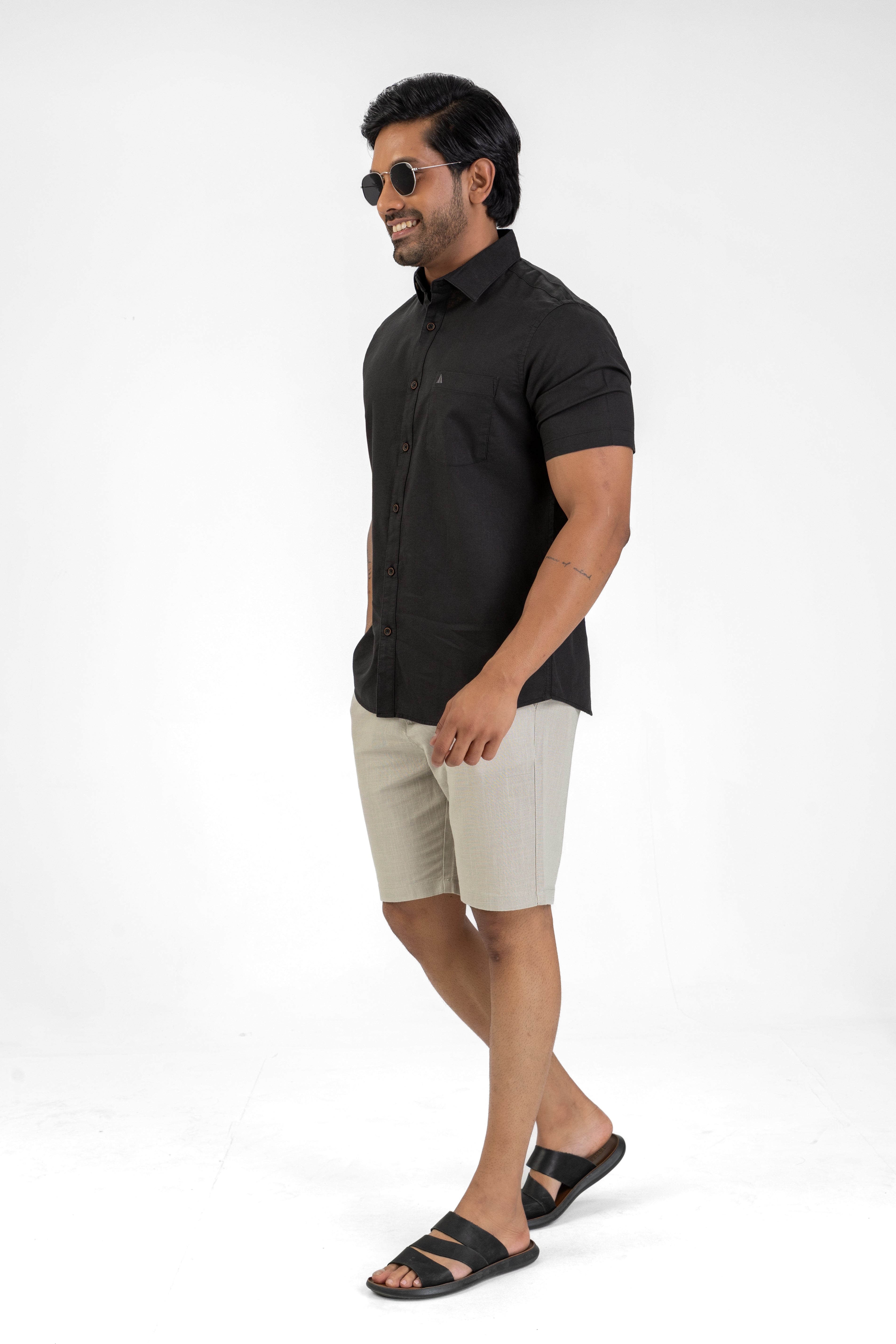 Short Sleeve Linen Cotton Shirt – Black