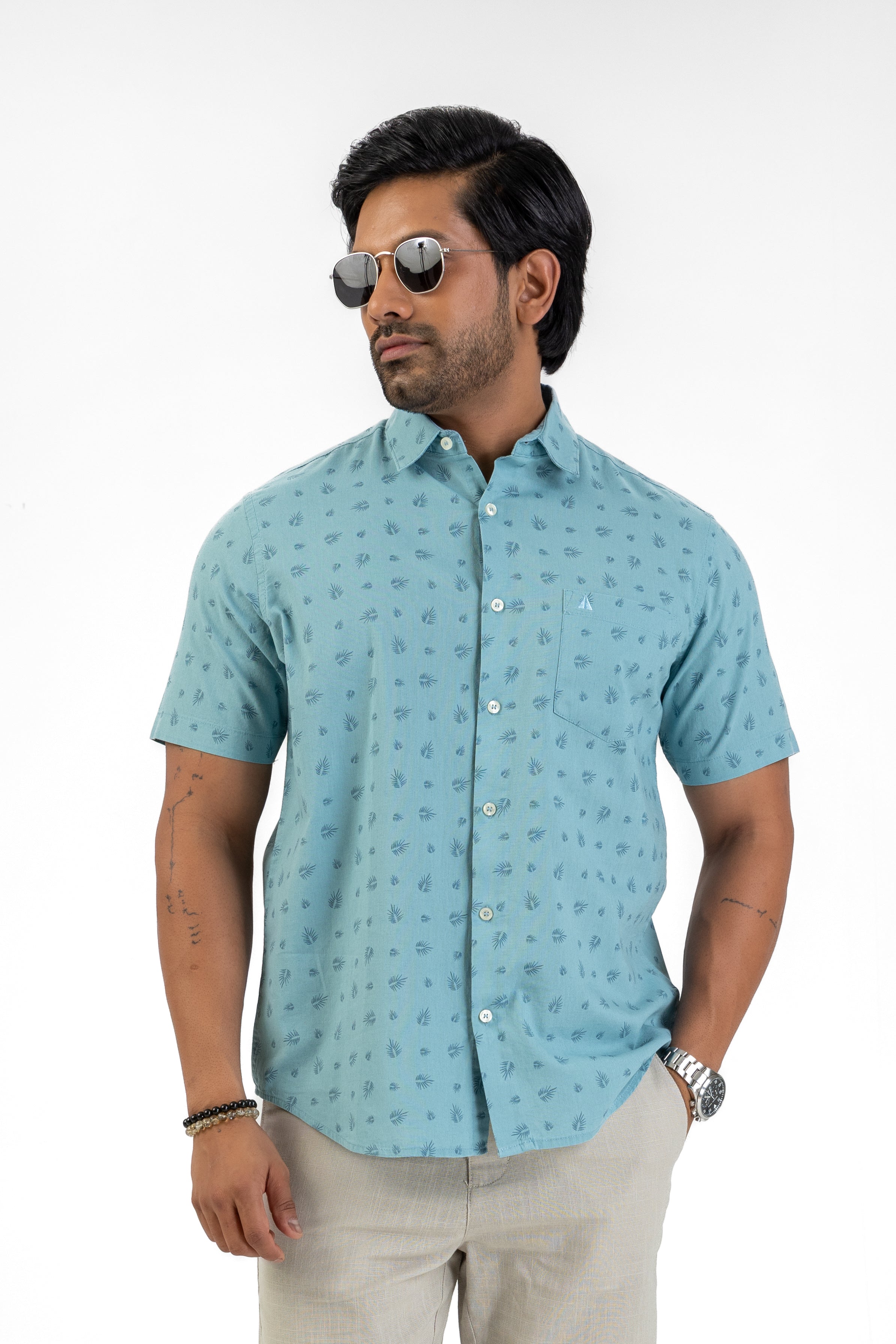 Linen Cotton Printed Short Sleeve Shirt – Pale Blue