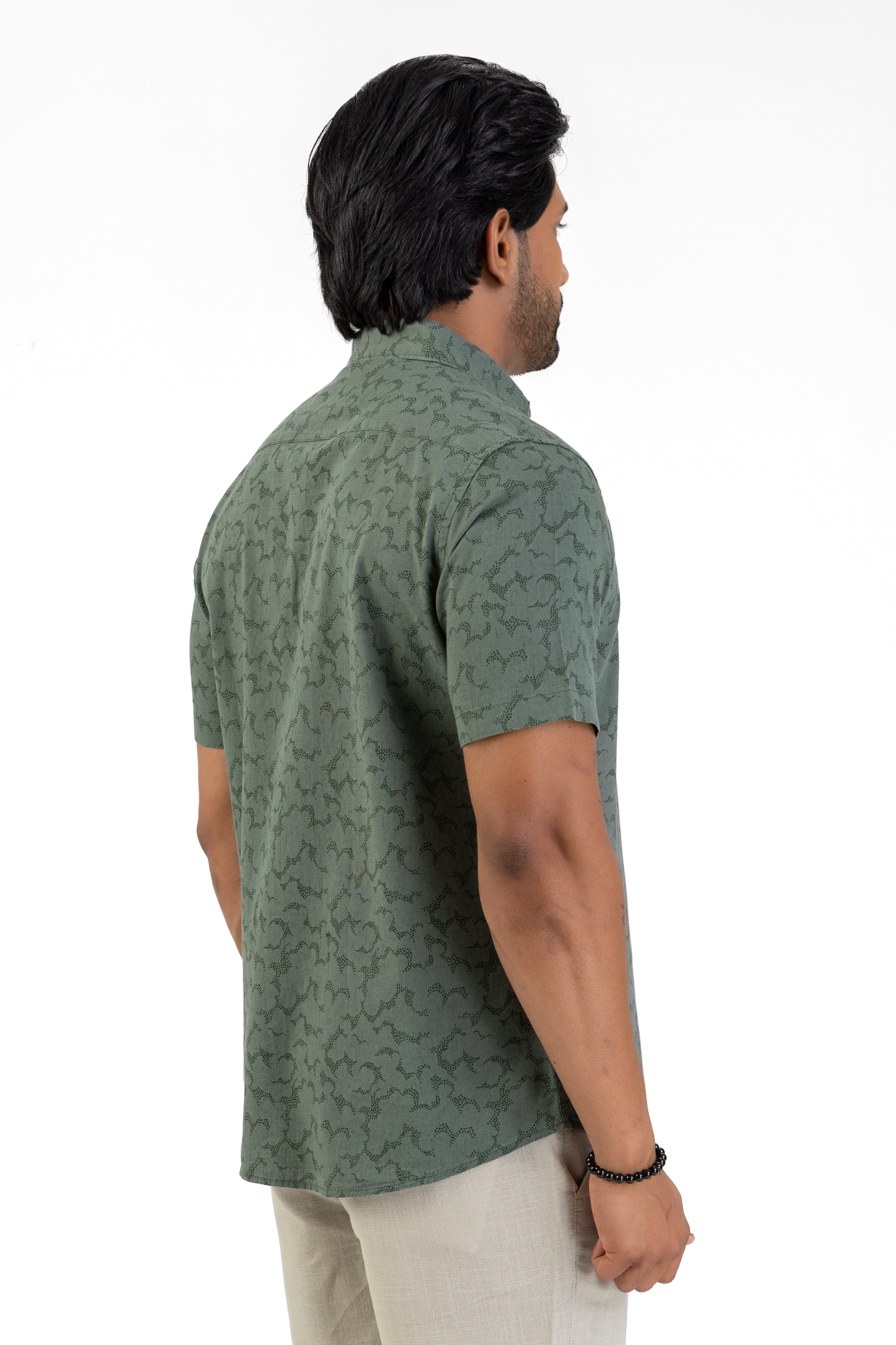 Linen Cotton Printed Short Sleeve Shirt – Olive
