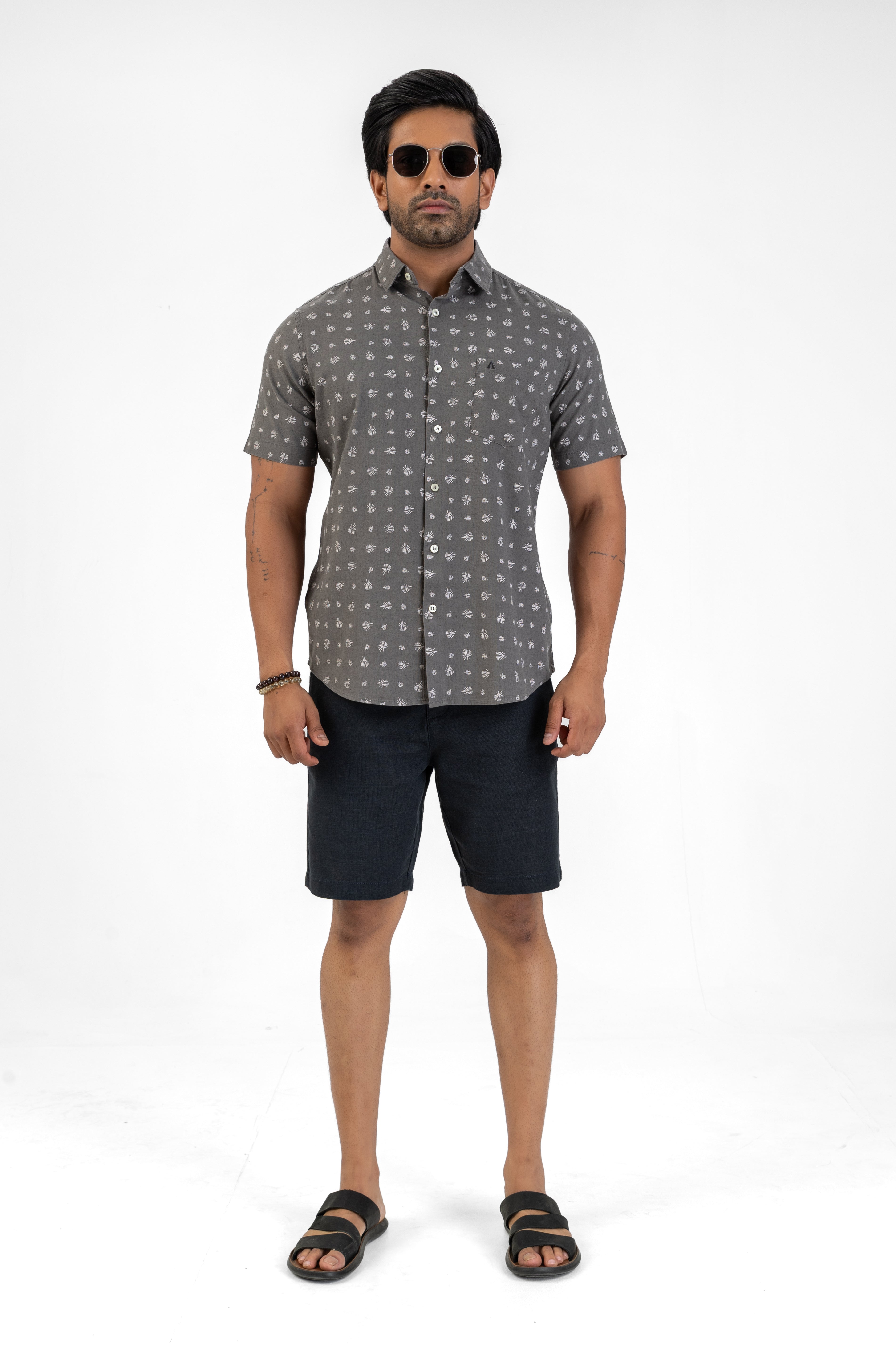 Linen Cotton Printed Short Sleeve Shirt – Charcoal