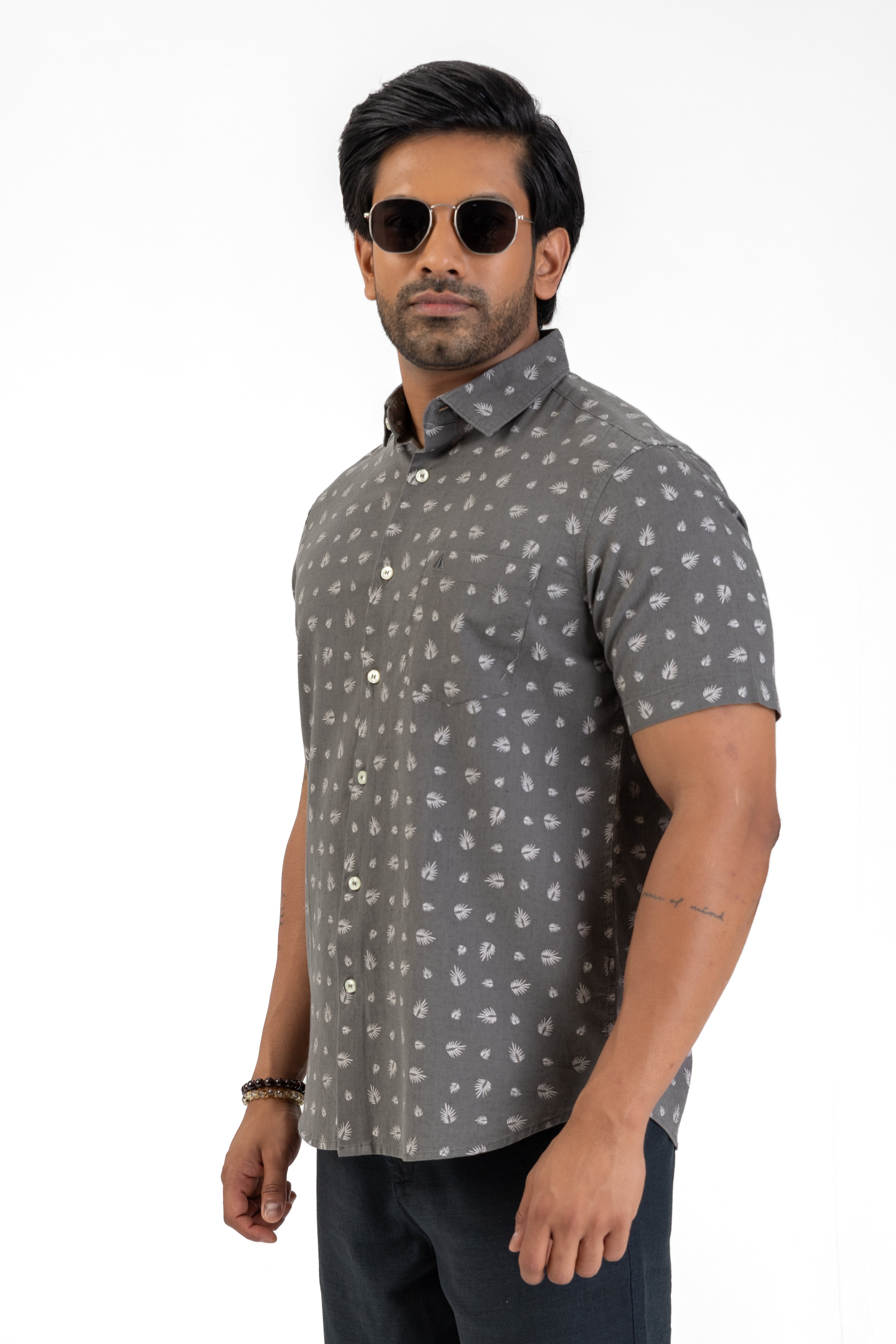 Linen Cotton Printed Short Sleeve Shirt – Charcoal