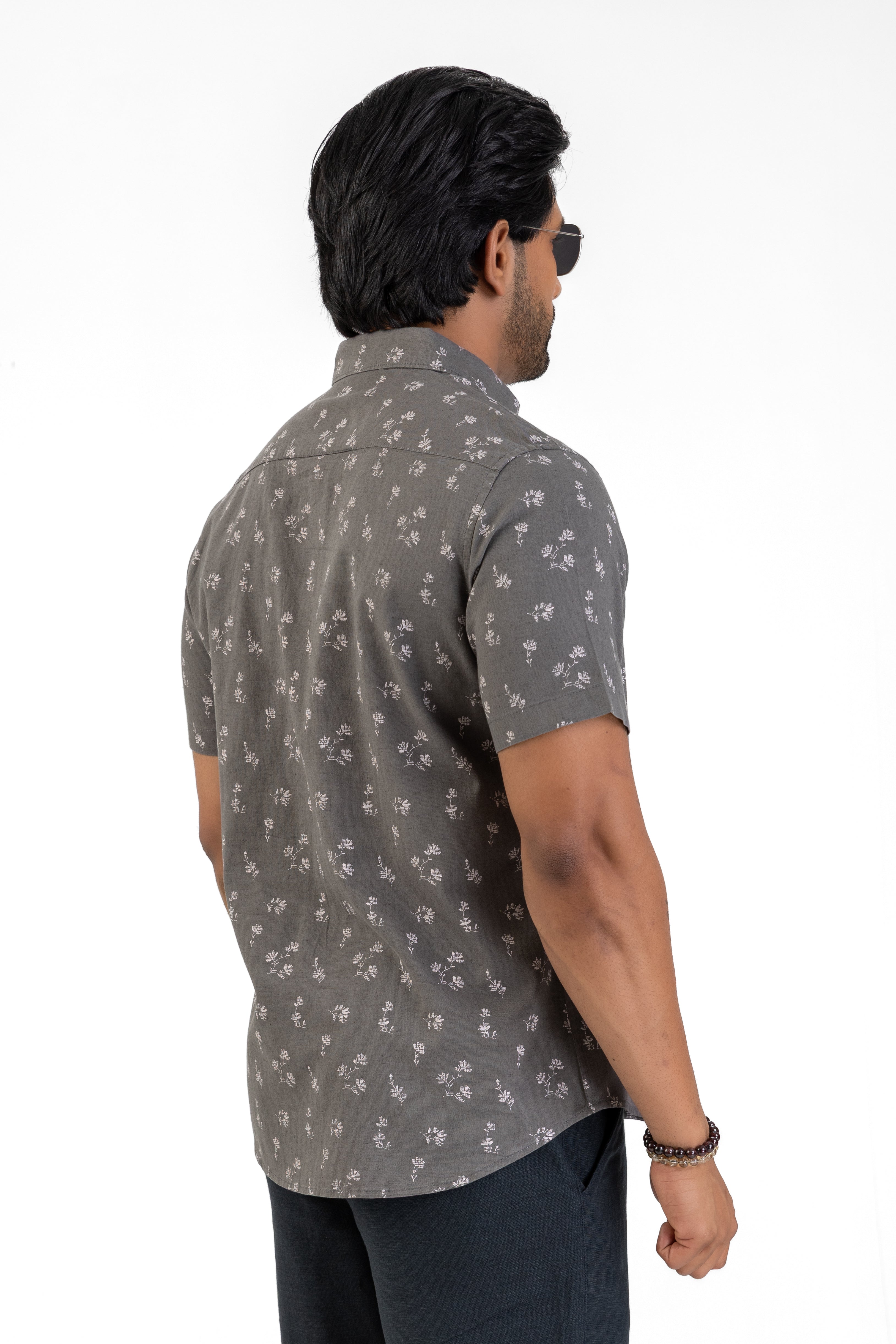 Linen Cotton Printed Short Sleeve Shirt – Dark Grey