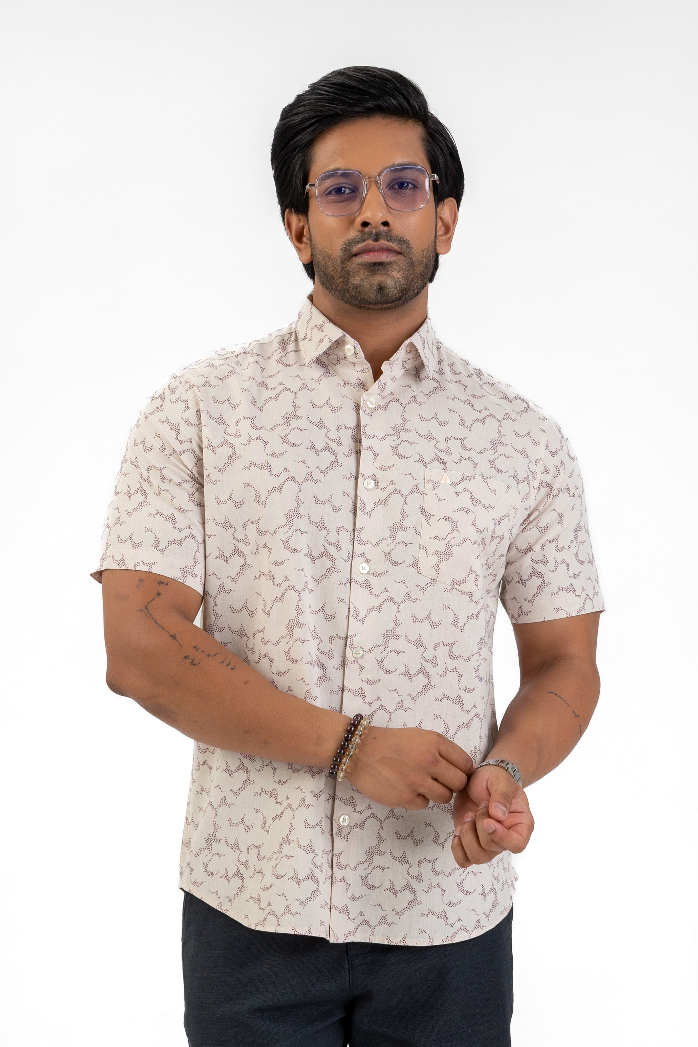Linen Cotton Printed Short Sleeve Shirt – Peach