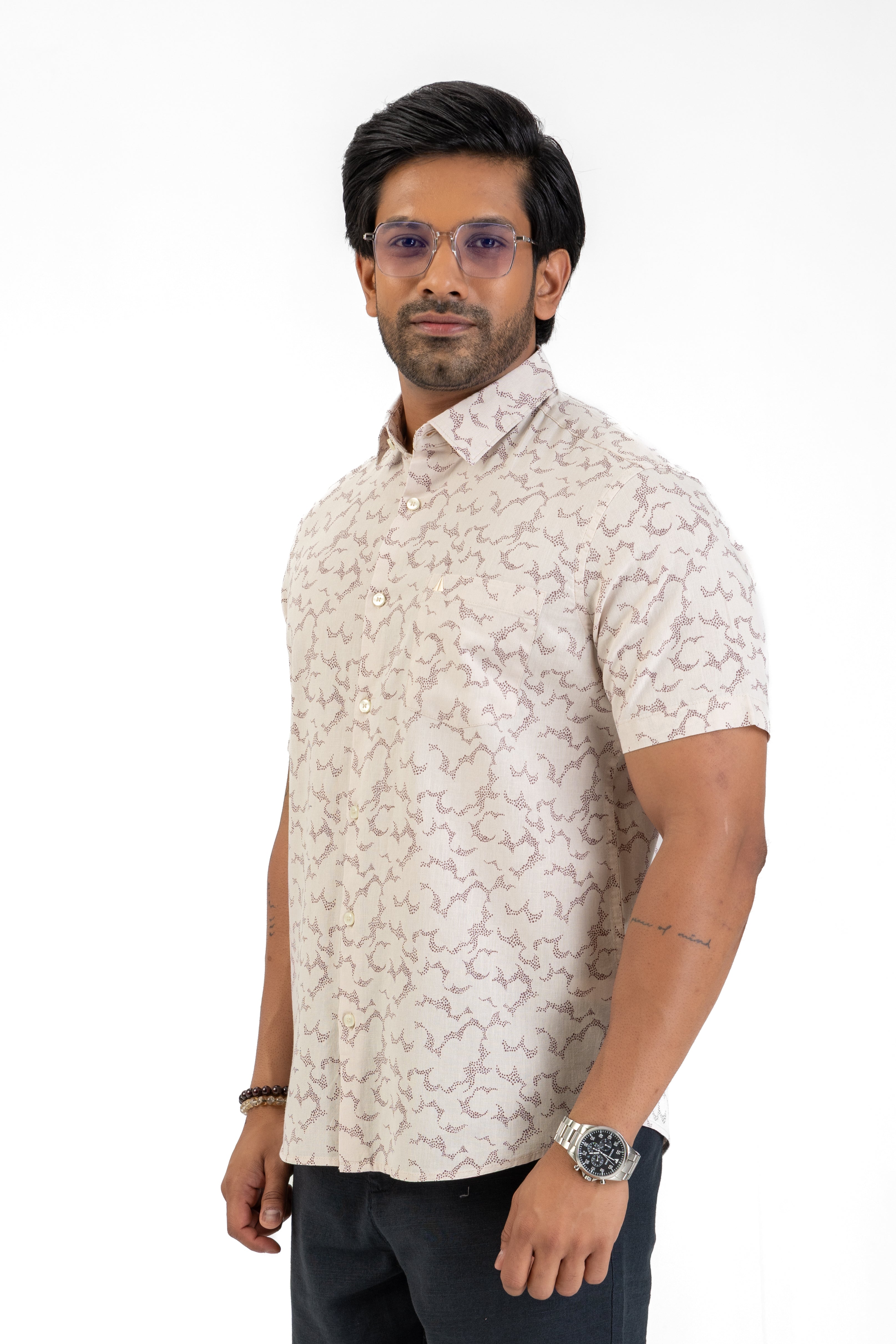 Linen Cotton Printed Short Sleeve Shirt – Peach