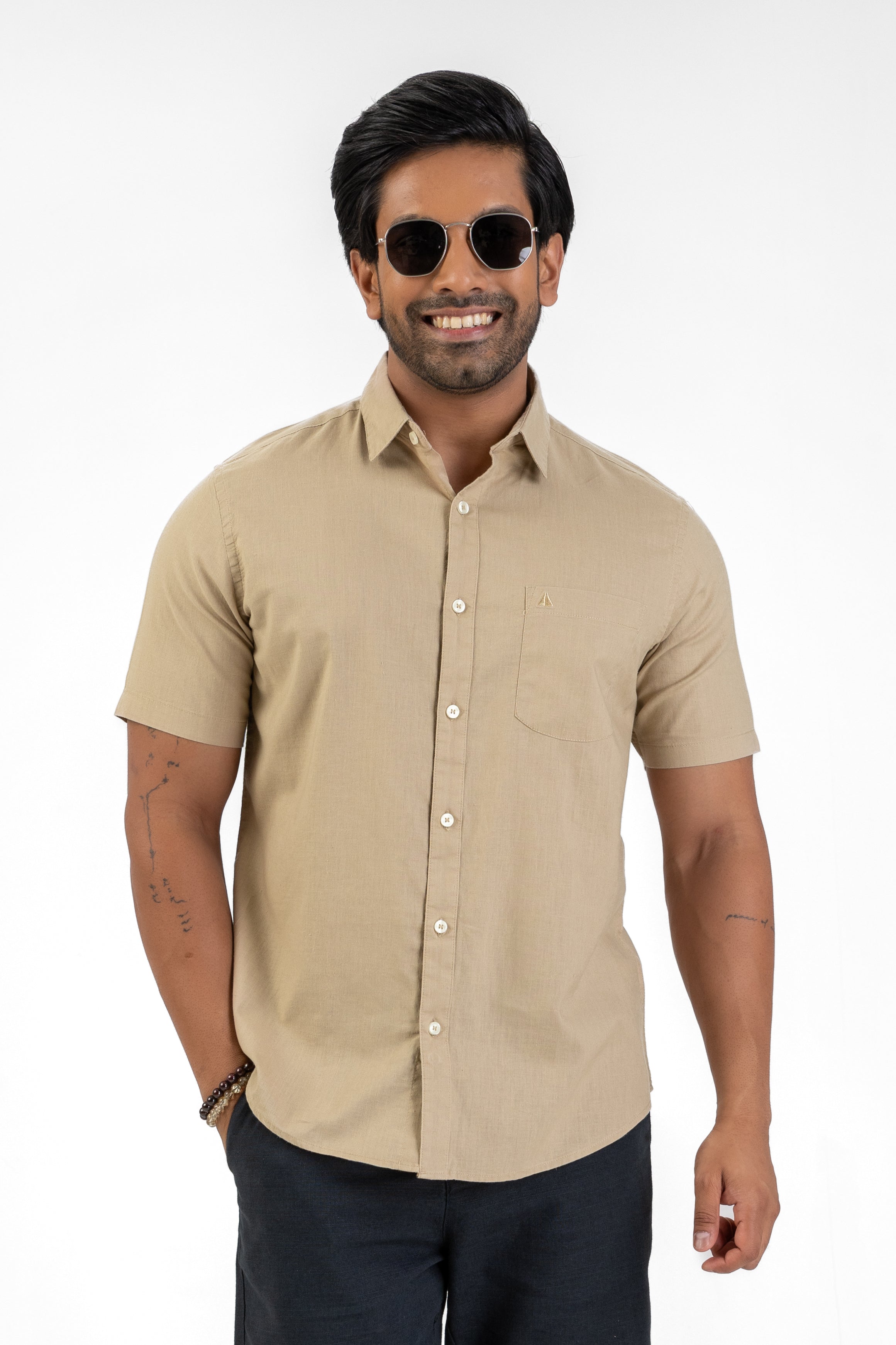 Short Sleeve Linen Cotton Shirt – Camel