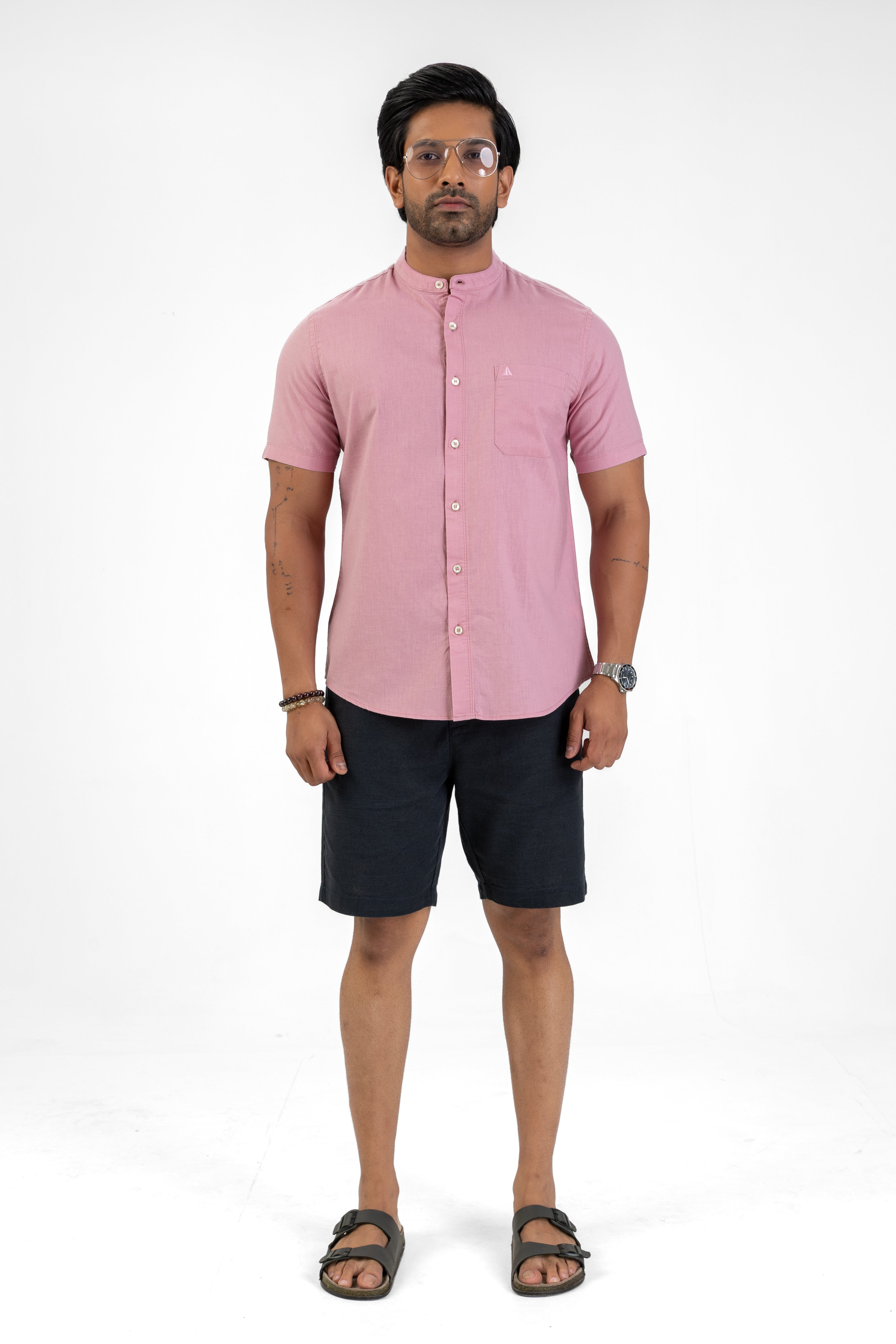 Chinese Collar Short Sleeve Shirt – Pink