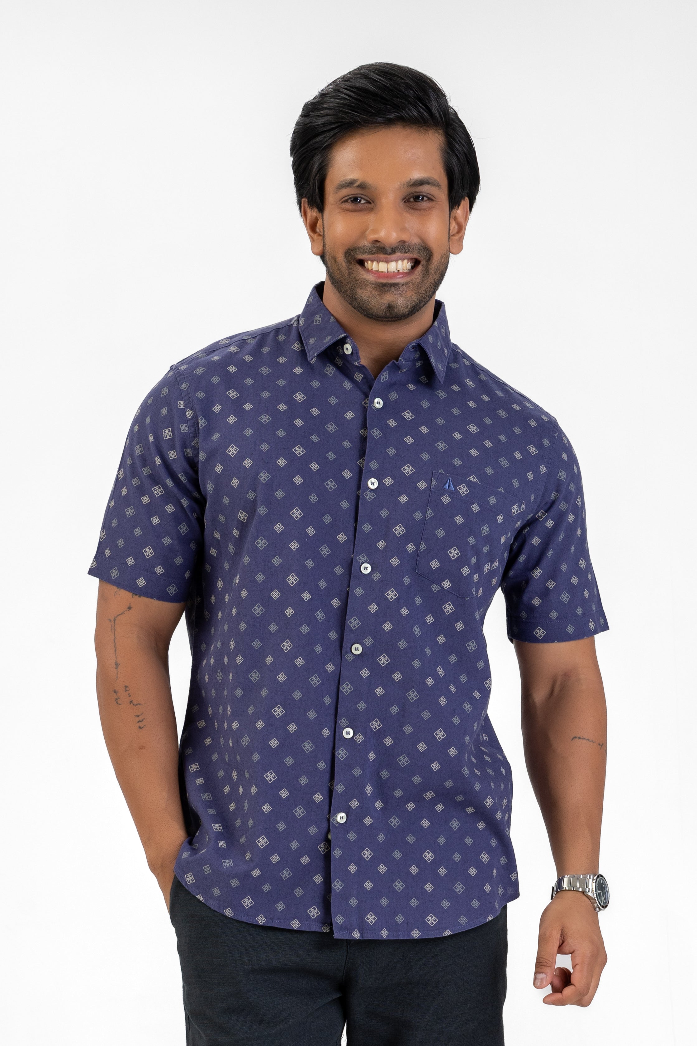 Linen Cotton Printed Short Sleeve Shirt – Purple