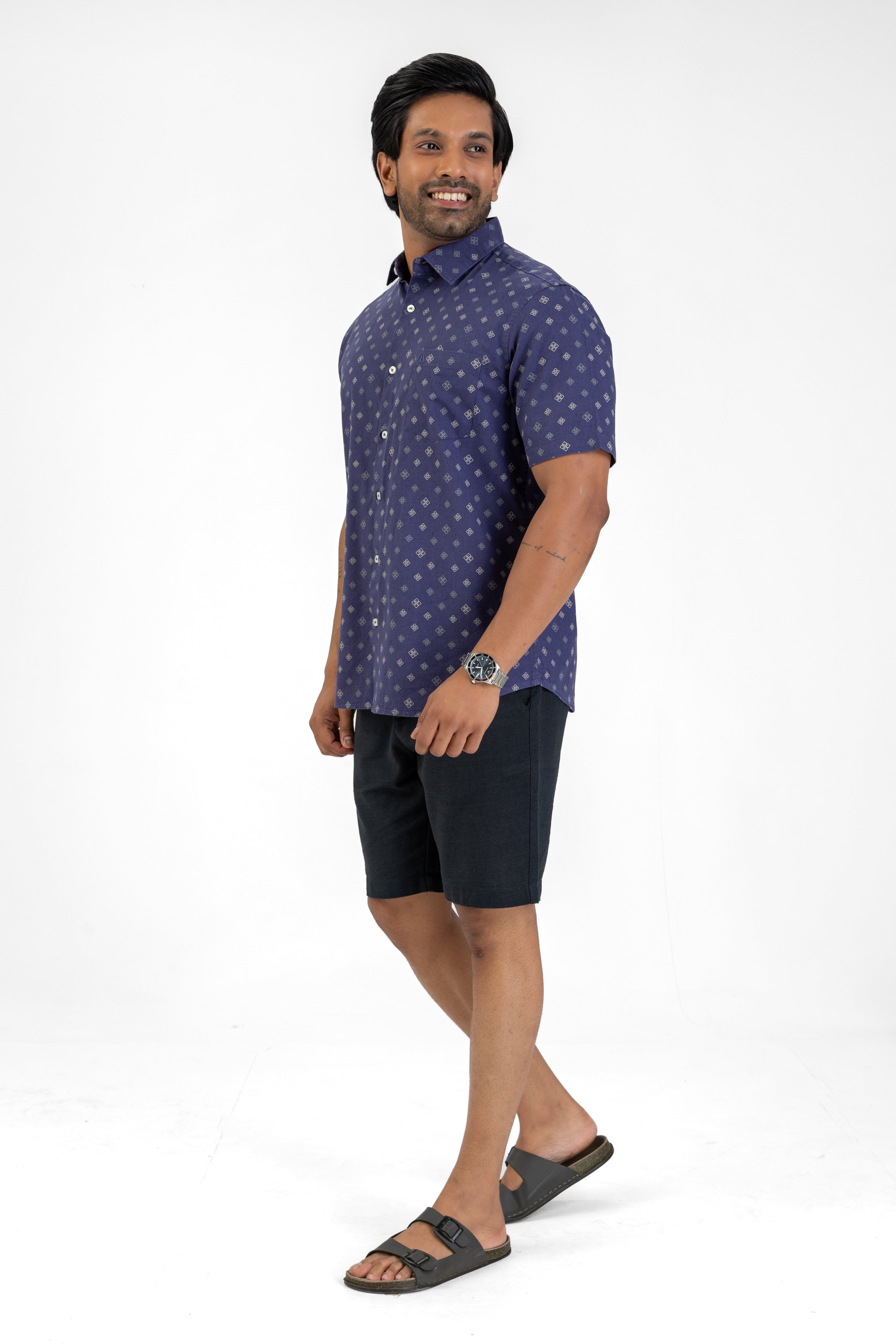 Linen Cotton Printed Short Sleeve Shirt – Purple