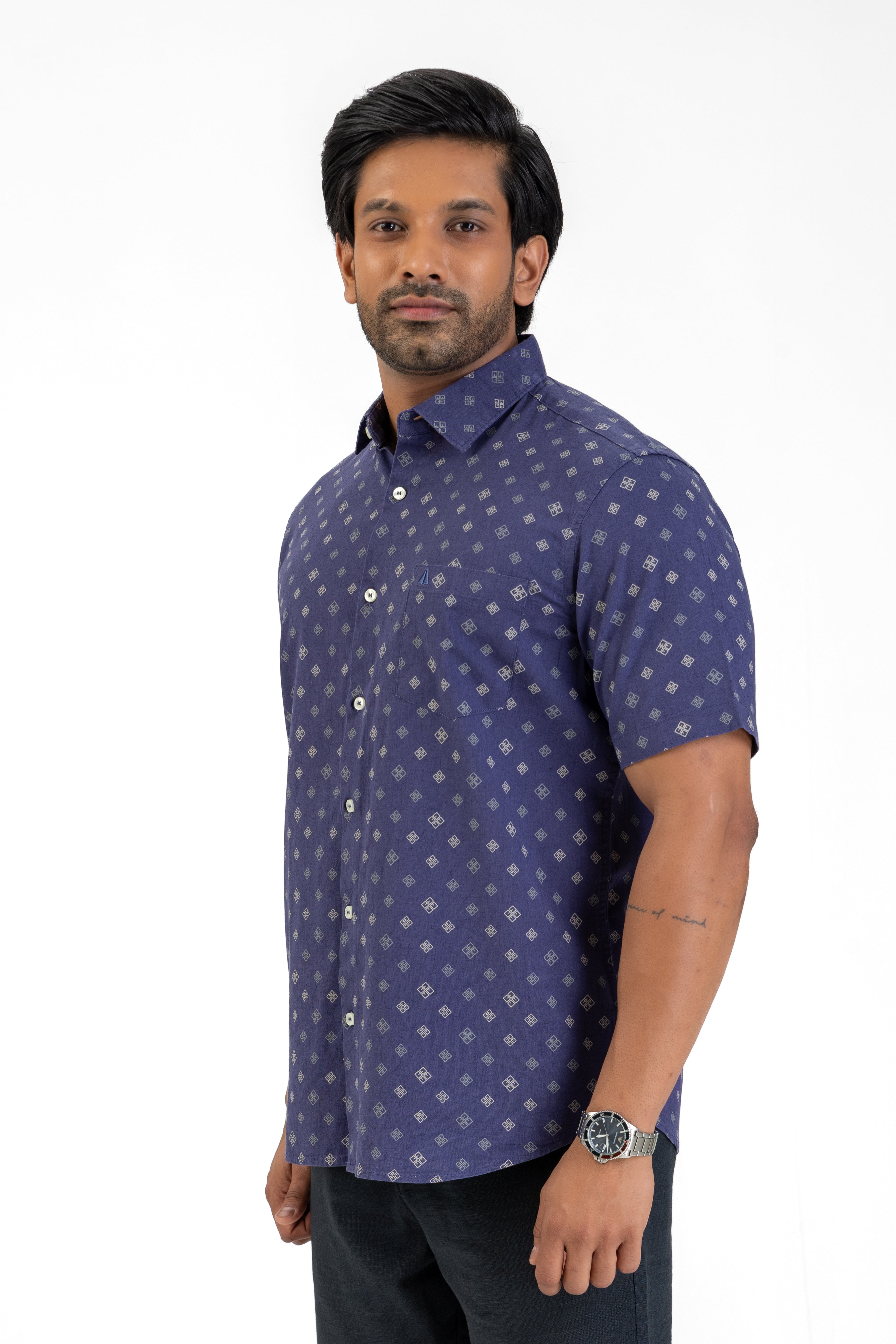 Linen Cotton Printed Short Sleeve Shirt – Purple