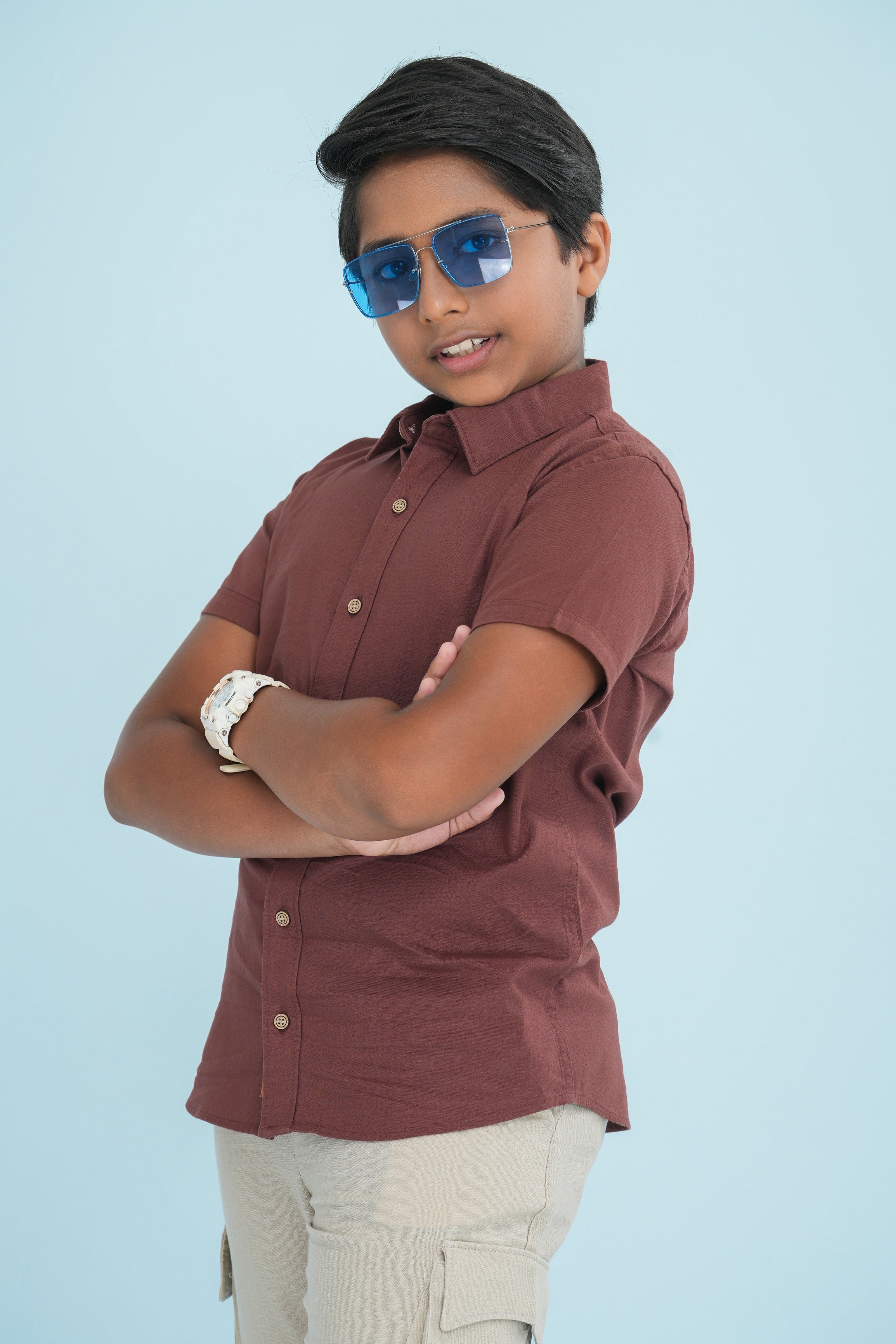 Kids' Normal Collar Linen Cotton Shirt – Brown | AnationZ Junior
