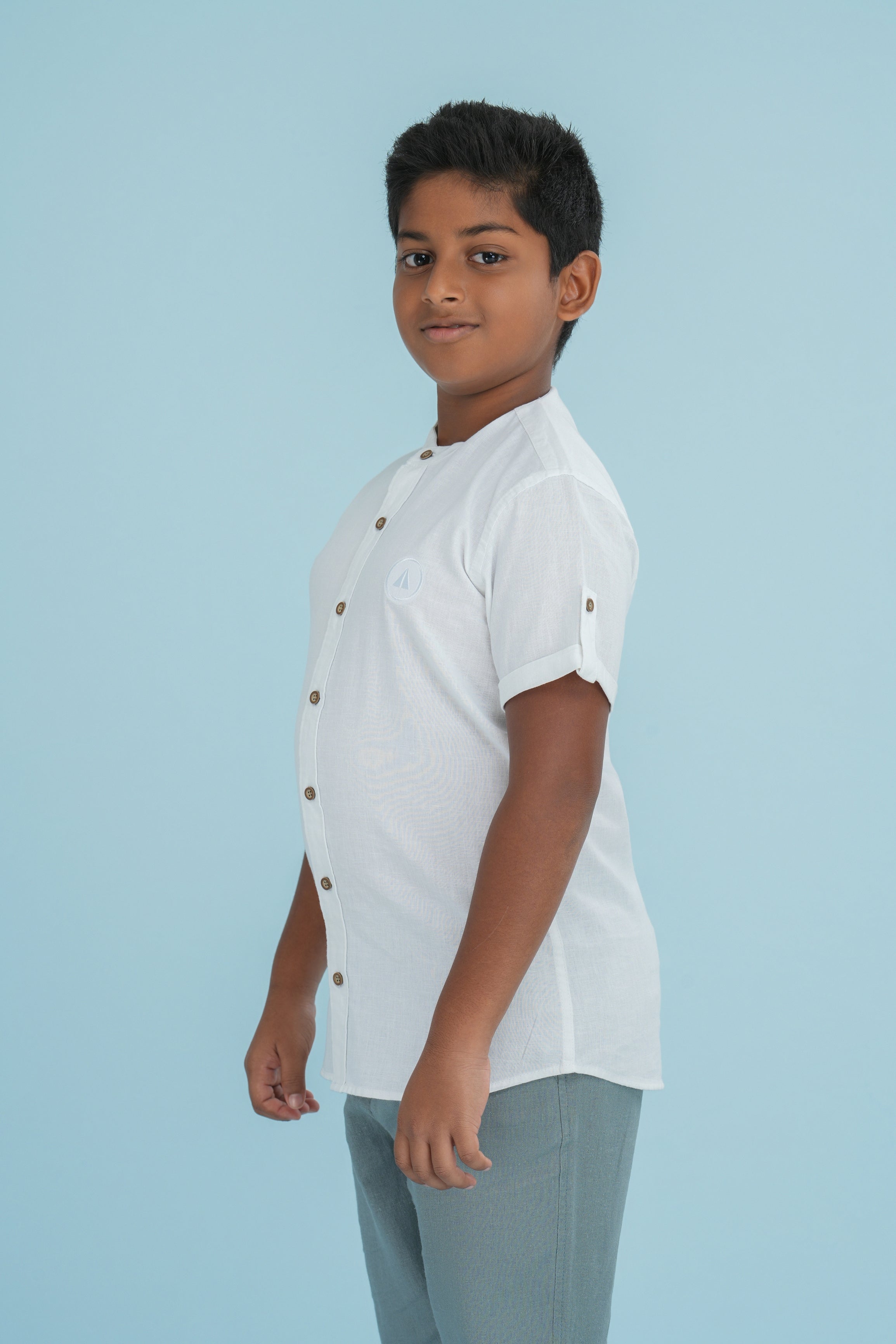 Kids' Chinese Collar Linen Cotton Shirt – White | AnationZ Junior