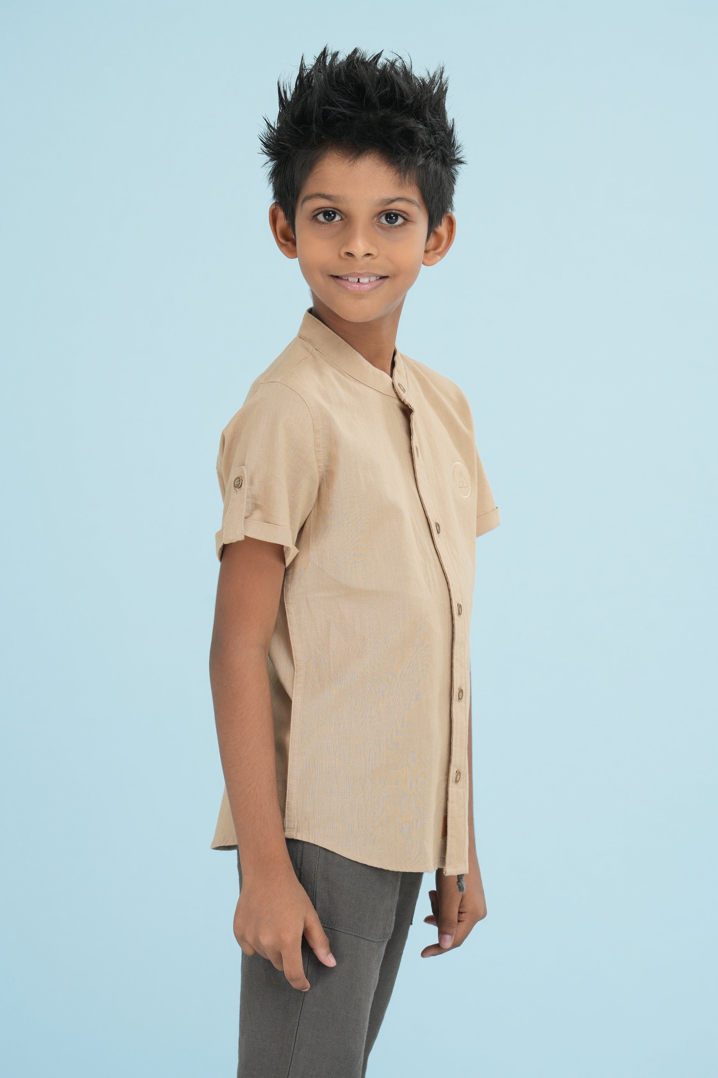 Kids' Linen Cotton Shirt with Sleeve Detail – Caramel Brown | AnationZ Junior