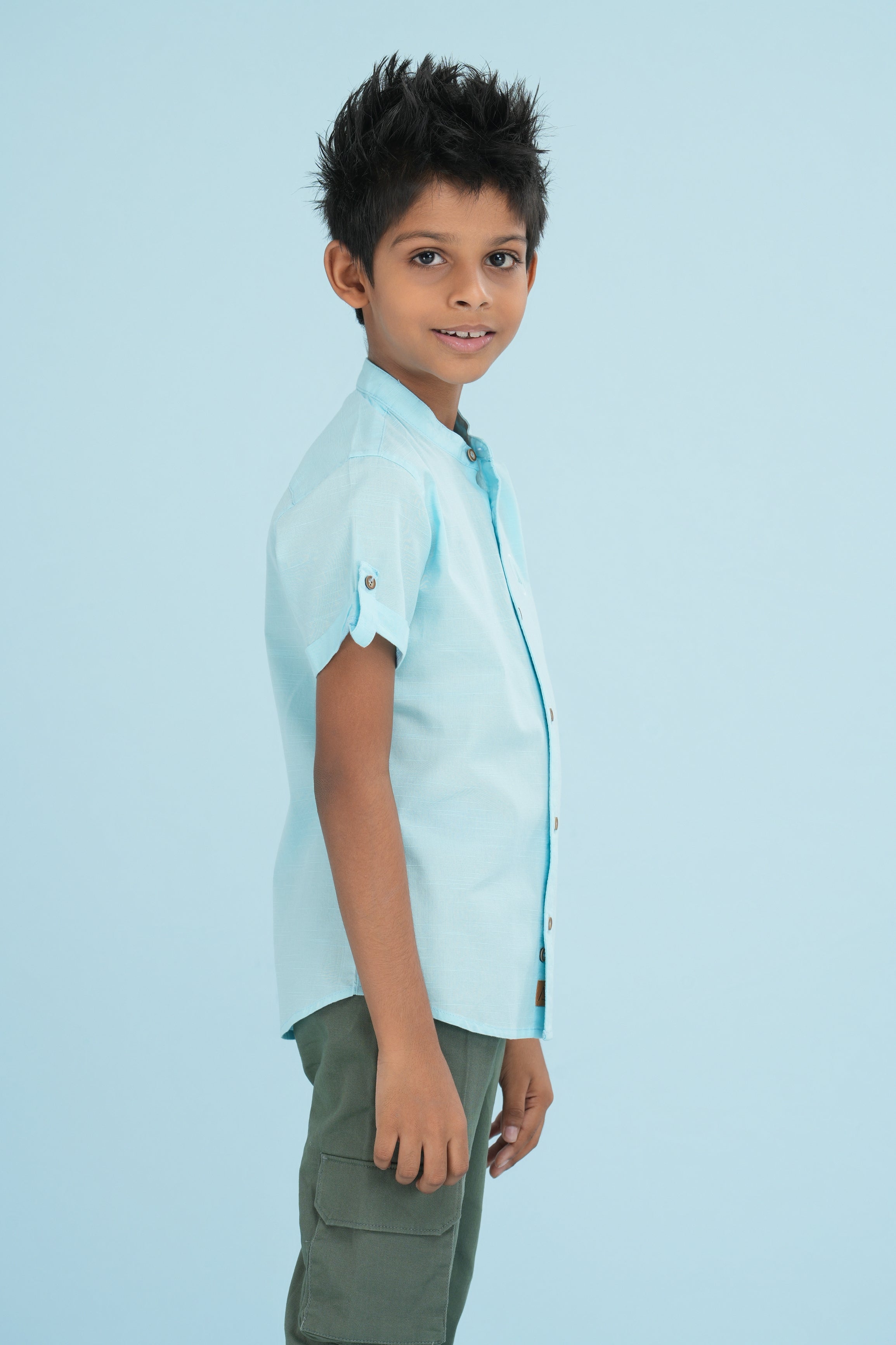 Kids' Slub Cotton Shirt with Sleeve Detail – Light Blue | AnationZ Junior
