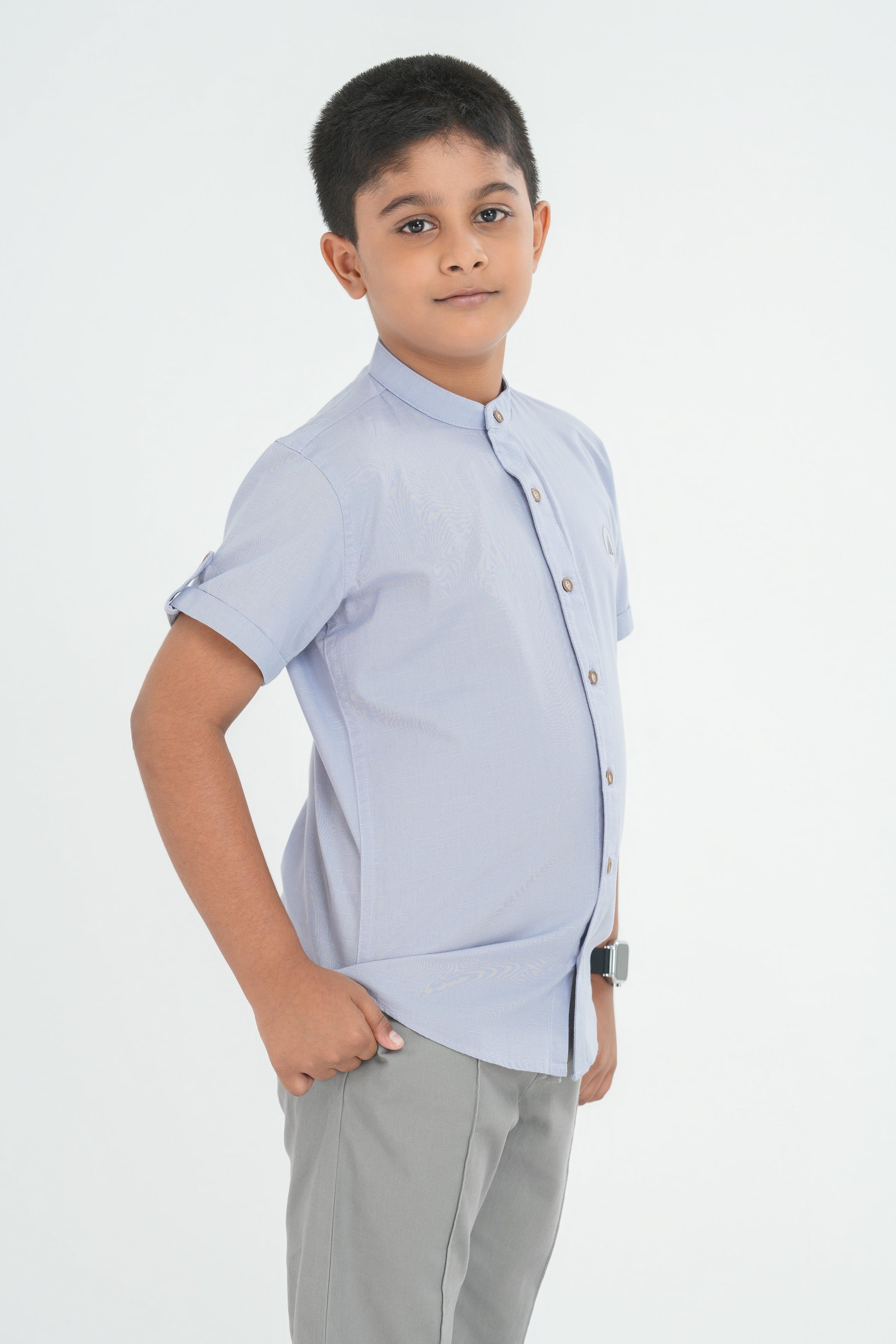 Kids' Slub Cotton Shirt with Sleeve Detail – Light Grey | AnationZ Junior