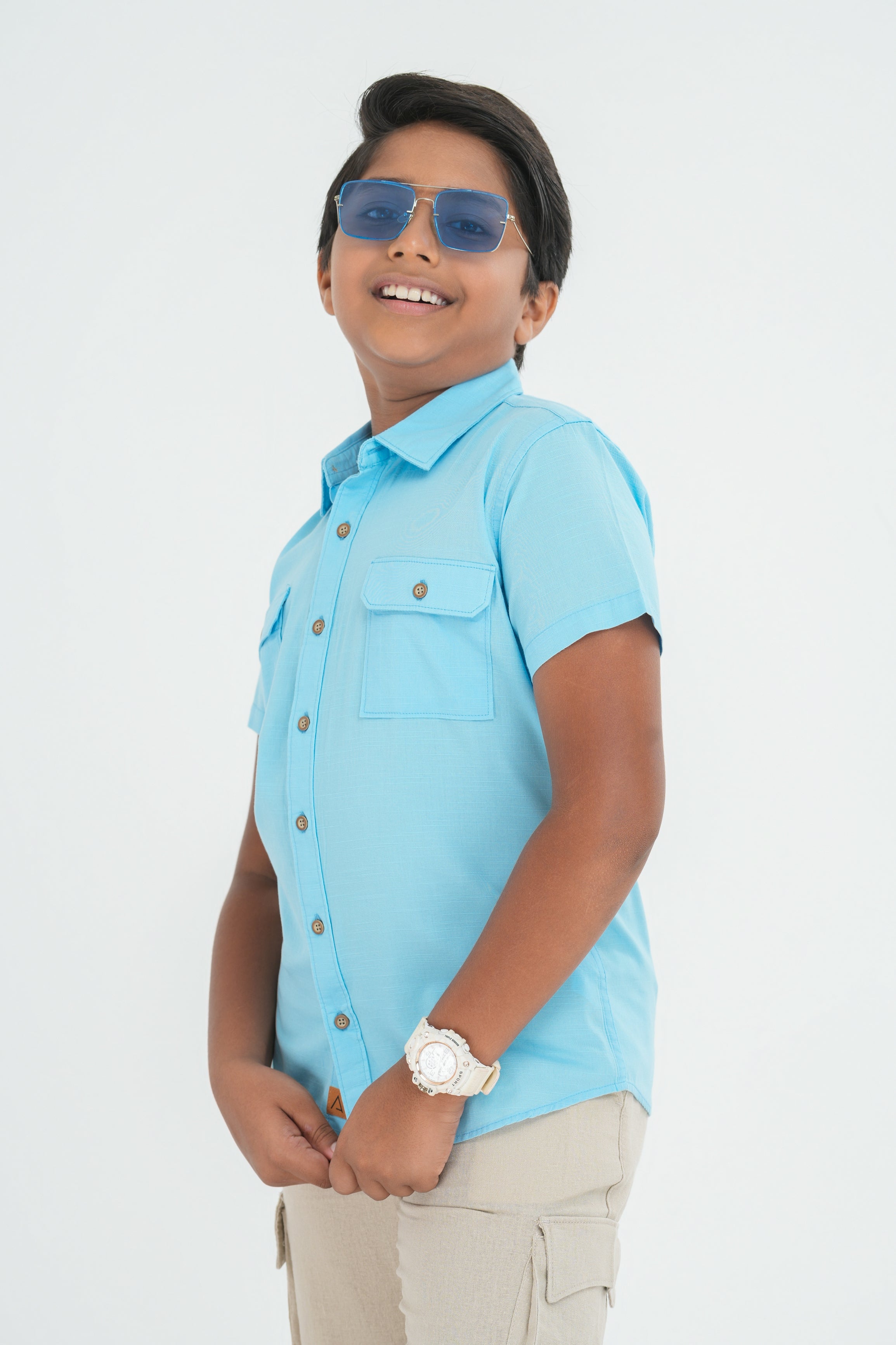 Kids' Cotton Shirt with Double Pocket Flap – Light Teal Blue | AnationZ Junior