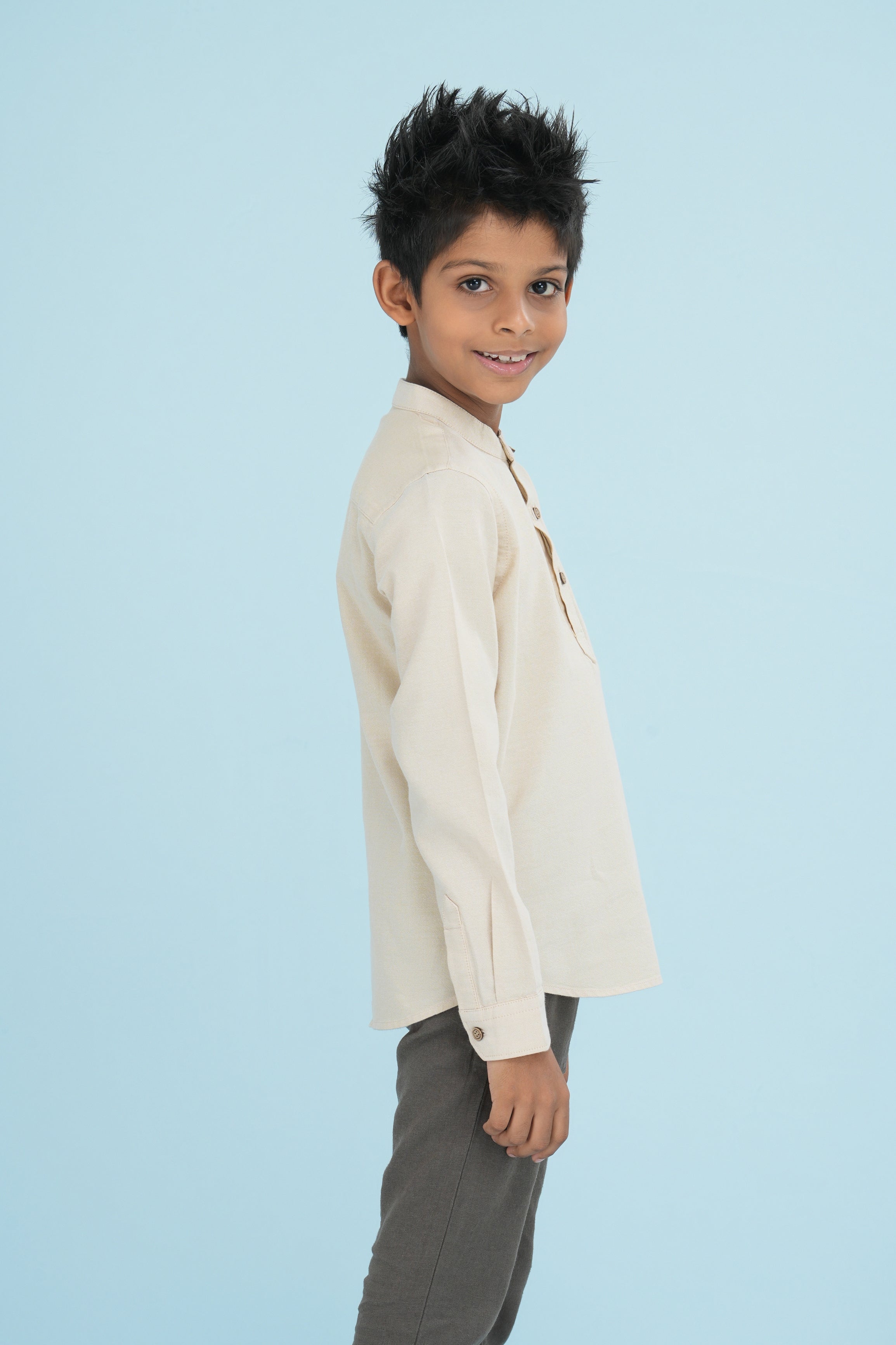 Kids' Oxford Cotton Long Sleeve Kurtha – Beige | AnationZ Junior