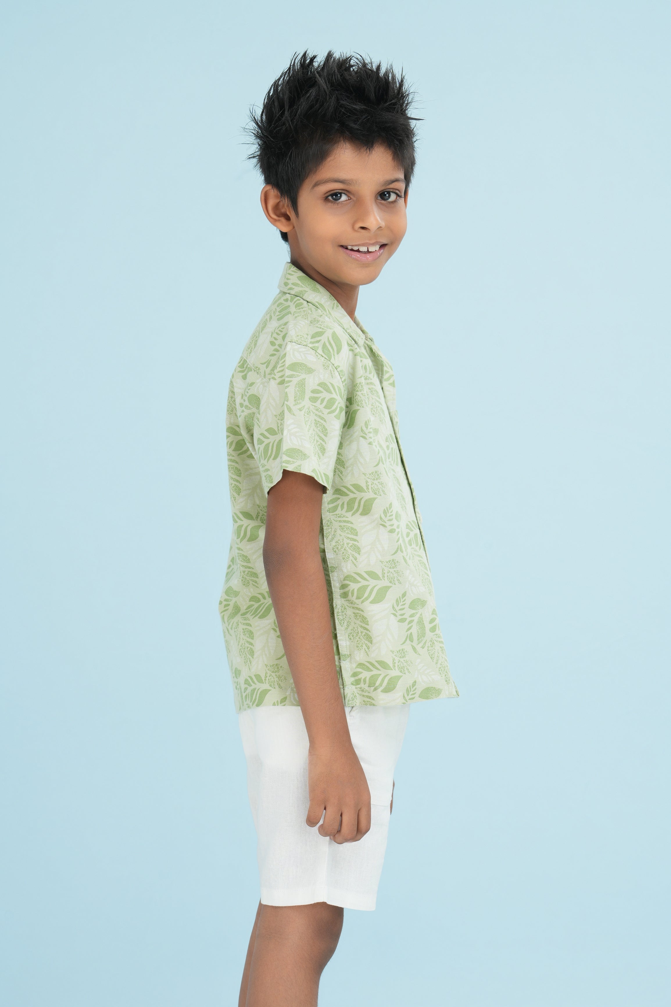Kids' Printed Cuban Collar Cotton Shirt – Light Green | AnationZ Junior
