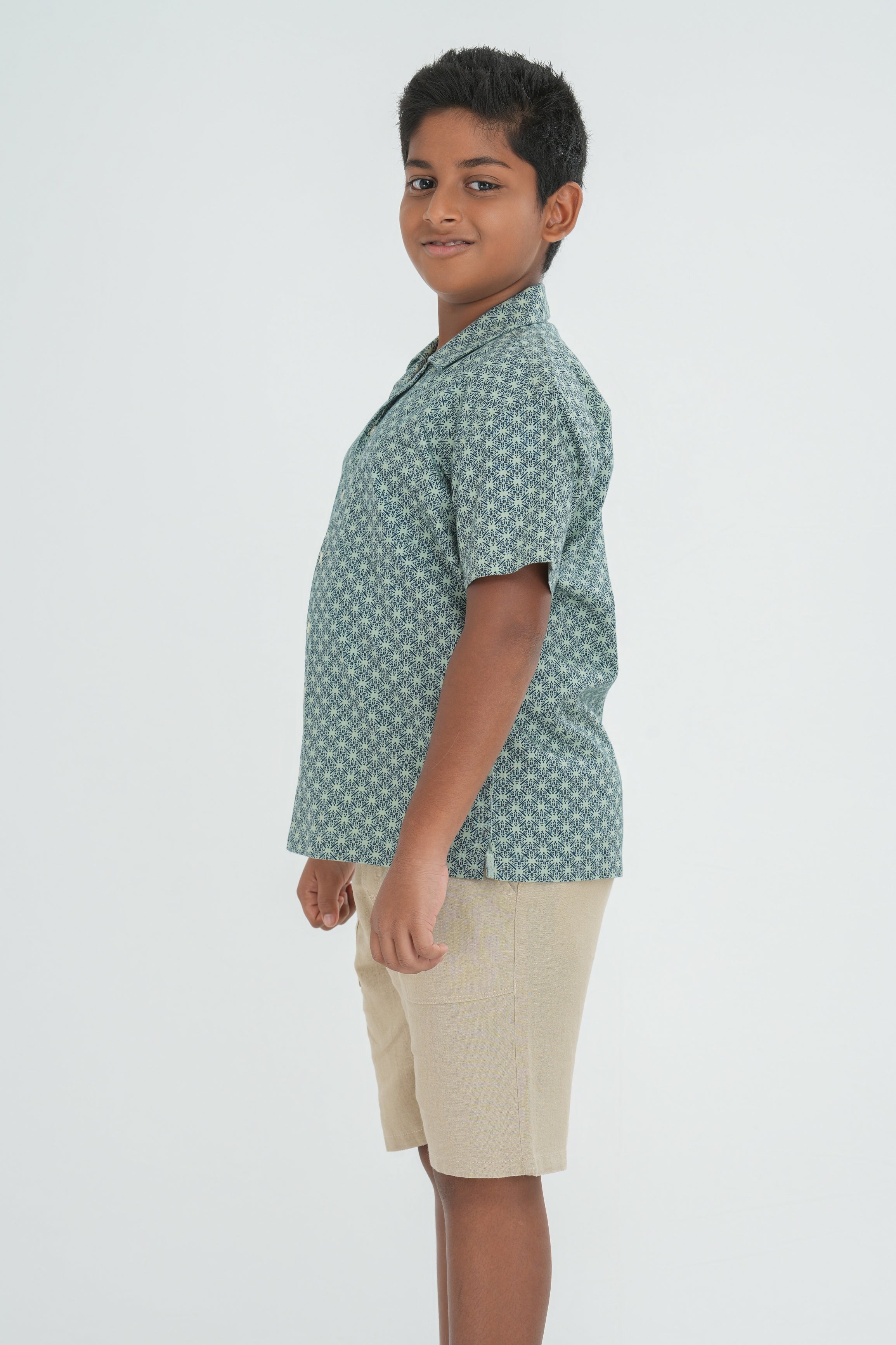 Kids' Printed Cotton Shirt – Cuban Collar, Light Green | AnationZ Junior