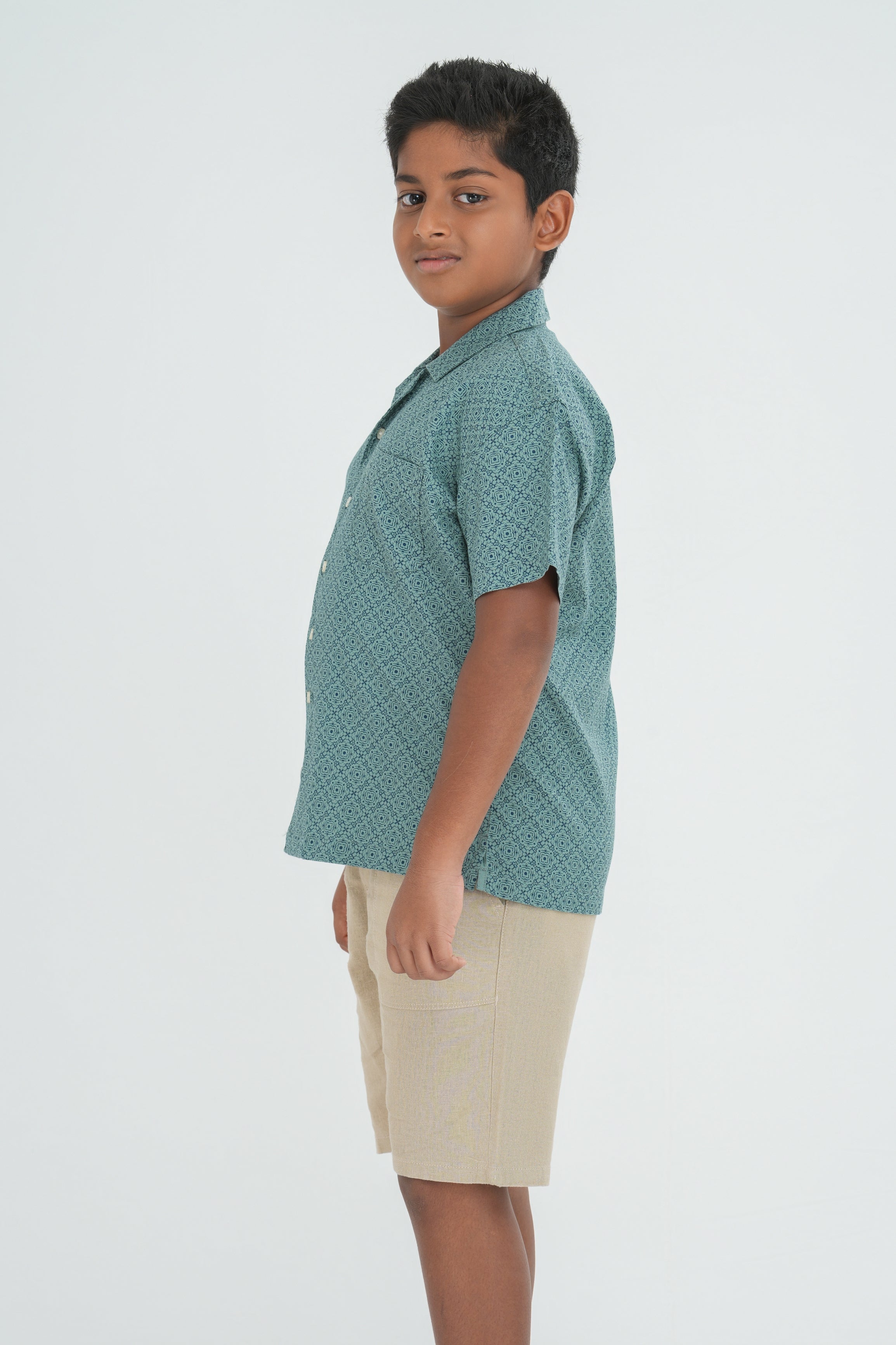 Kids’ Printed Shirt – Olive Floral Grid | AnationZ Junior