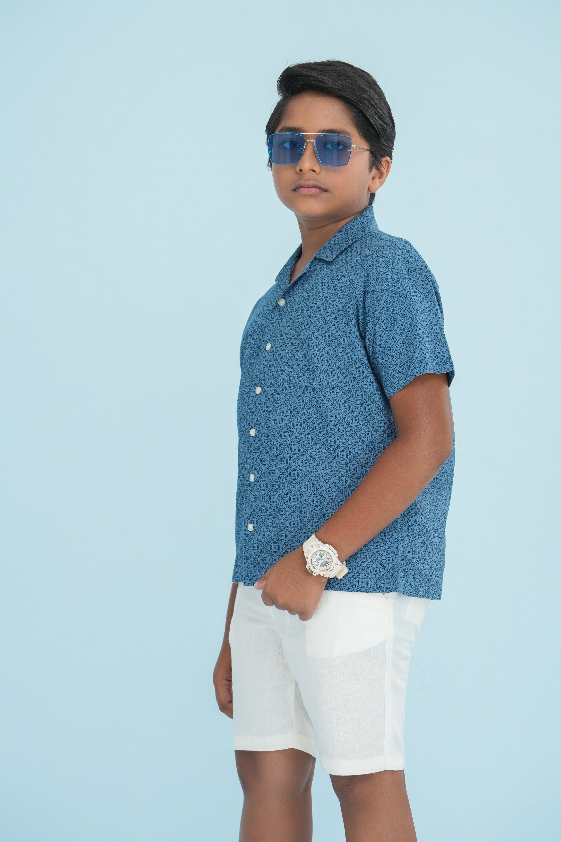 Kids’ Printed Shirt – Indigo Floral Grid | AnationZ Junior