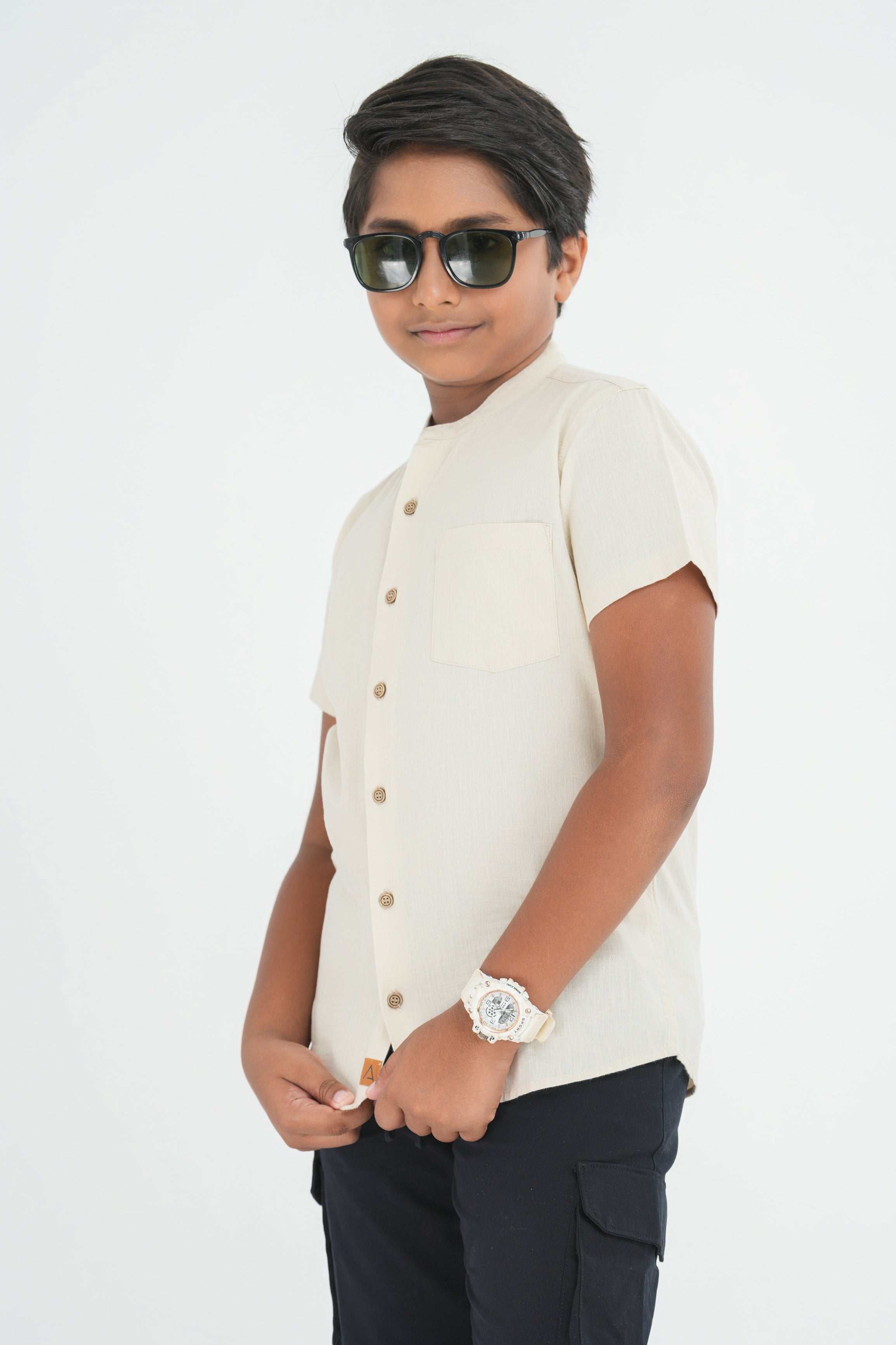 Kids' Linen Cuban Collar Shirt – Natural Sand | AnationZ Junior