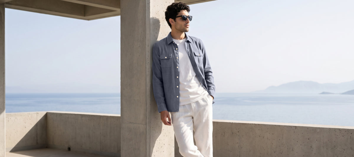 Man in a blue overshirt and white trousers by the sea