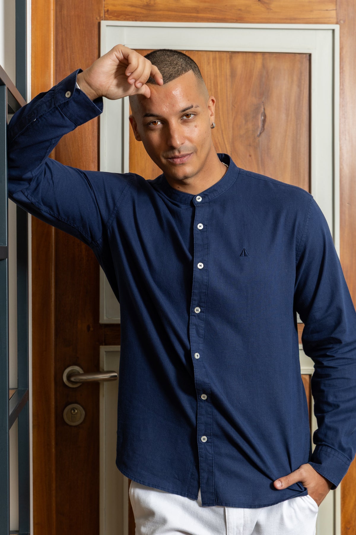 Navy mandarin collar shirt